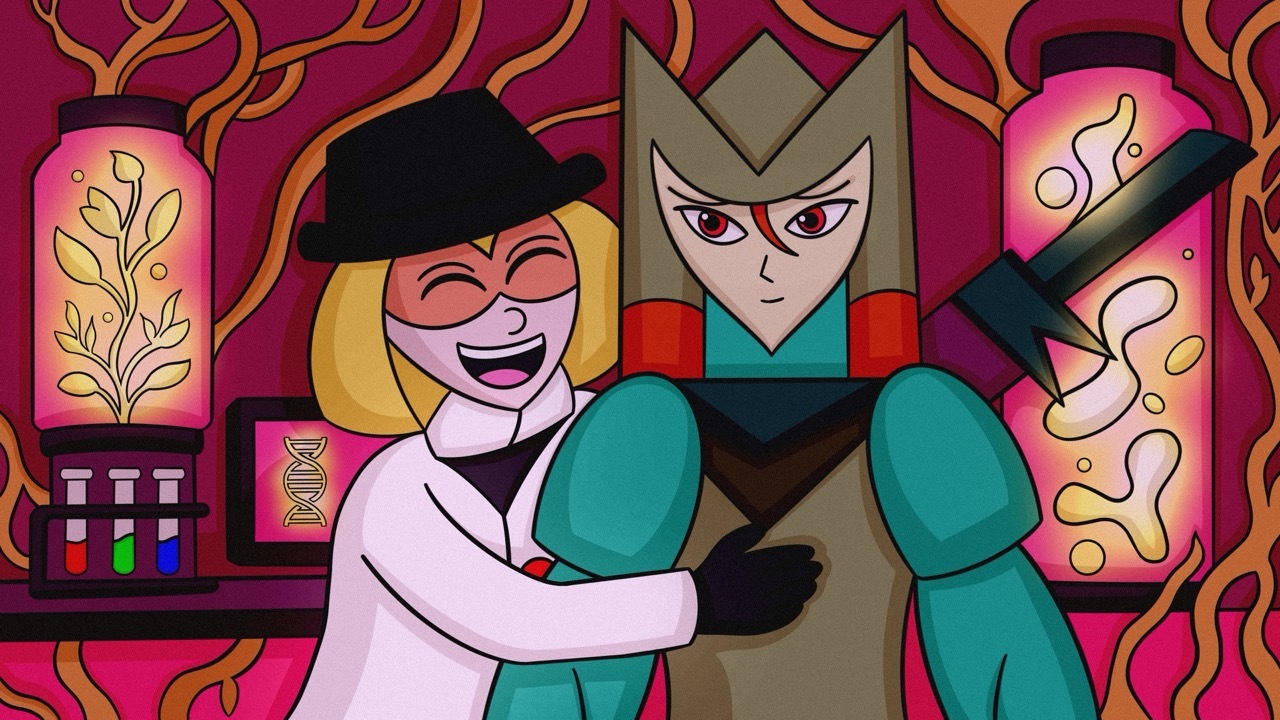 Cartoon illustration: blonde character in white hugging teal-clad figure with angular grey helmet. Pink background with golden swirls and decorative elements.