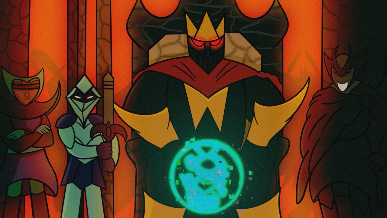 Animated scene with large black, red and yellow armoured figure holding bright blue glowing orb, flanked by smaller characters against orange background.