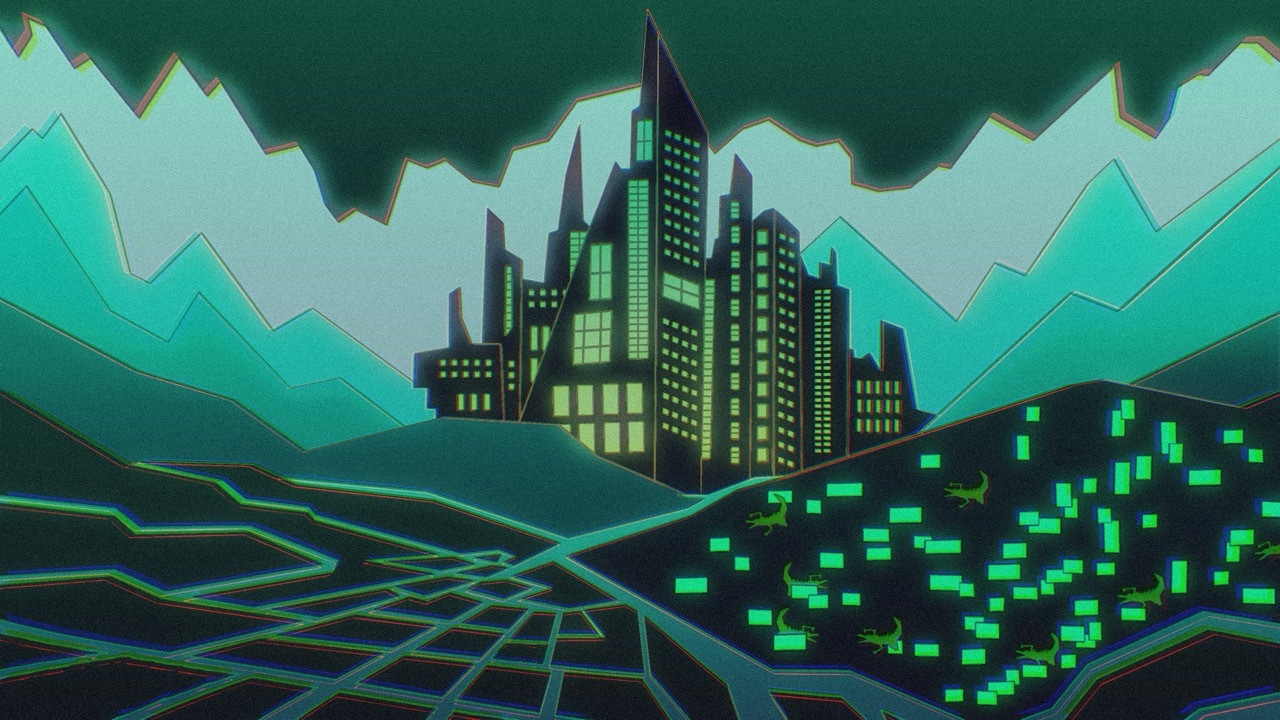 Stylised cityscape with dark skyscrapers against turquoise mountains. Green grid lines and glowing squares in foreground. Dark green sky above.