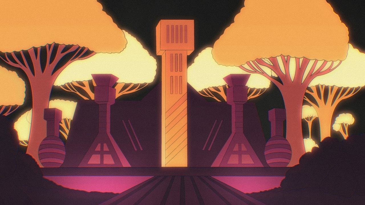 Illustration of binoculars view showing orange and purple tree-like shapes against yellow sky with dark foreground silhouette.