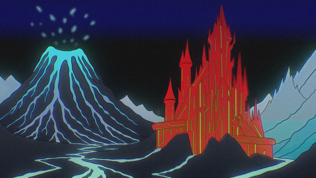 Red castle with pointed spires on rocky outcrop, blue erupting volcano with green sparks, grey mountains against dark blue sky.