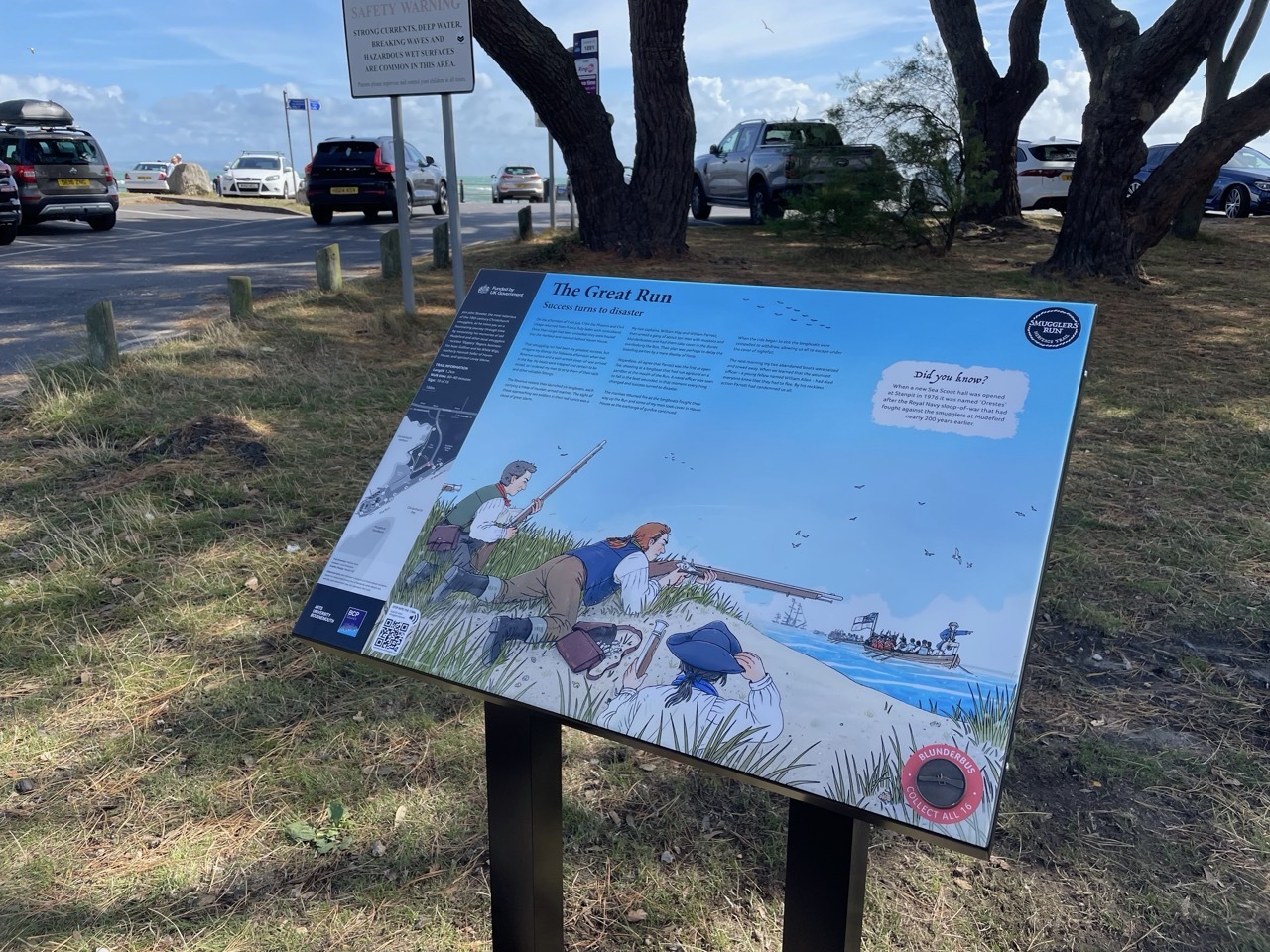 Blue interpretive sign on metal stand showing illustrated figures, positioned near trees with car park and vehicles in background.