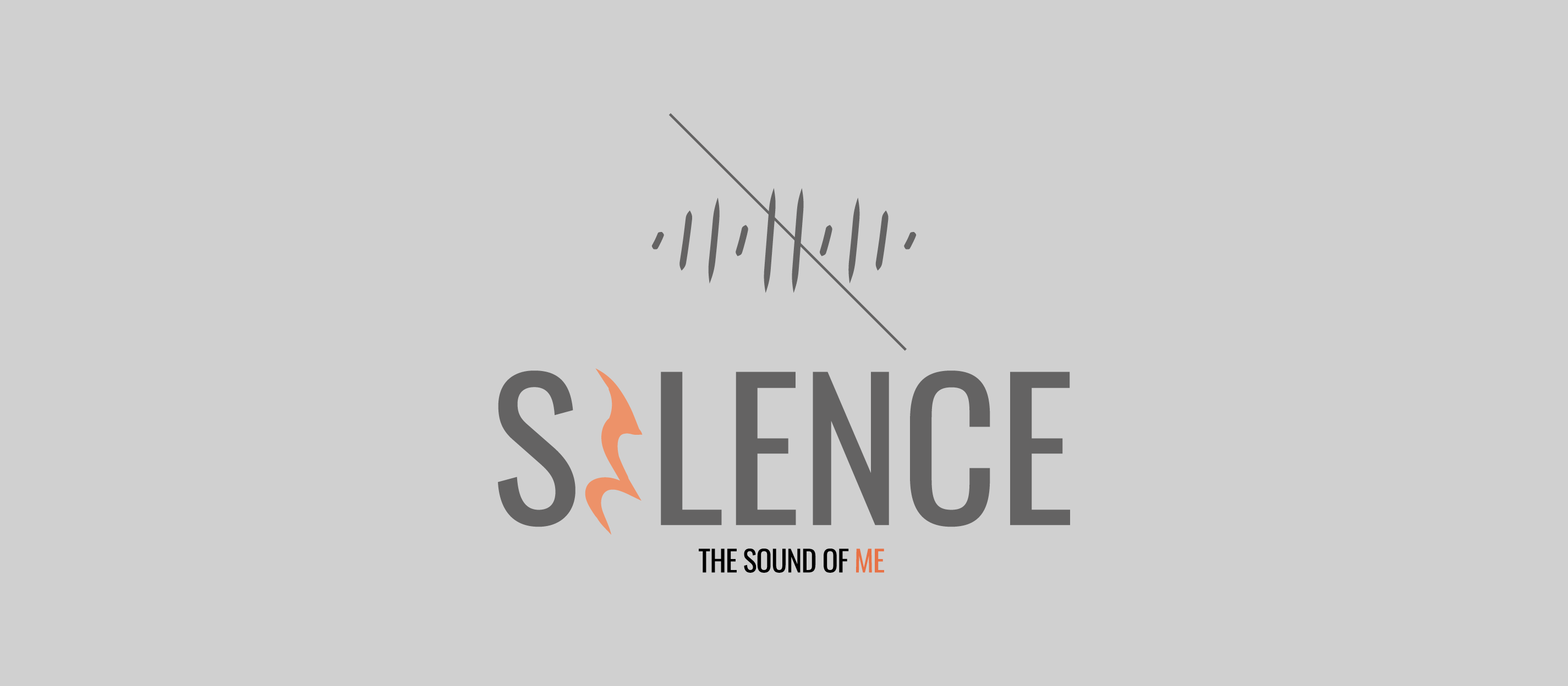 Grey banner with a small waveform logo and a diagonal line through it. Text reading "Silence the Sound of Me" is in the centre of the banner. A single-beat rest symbol is used in place of the letter I in "Silence".