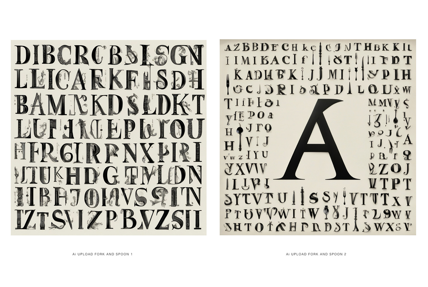 Two squares containing examples of an ink-style typography. The left square contains lines of assorted capital letters. The right square has a large capital letter A in the centre, surrounded by assorted smaller letters and symbols.