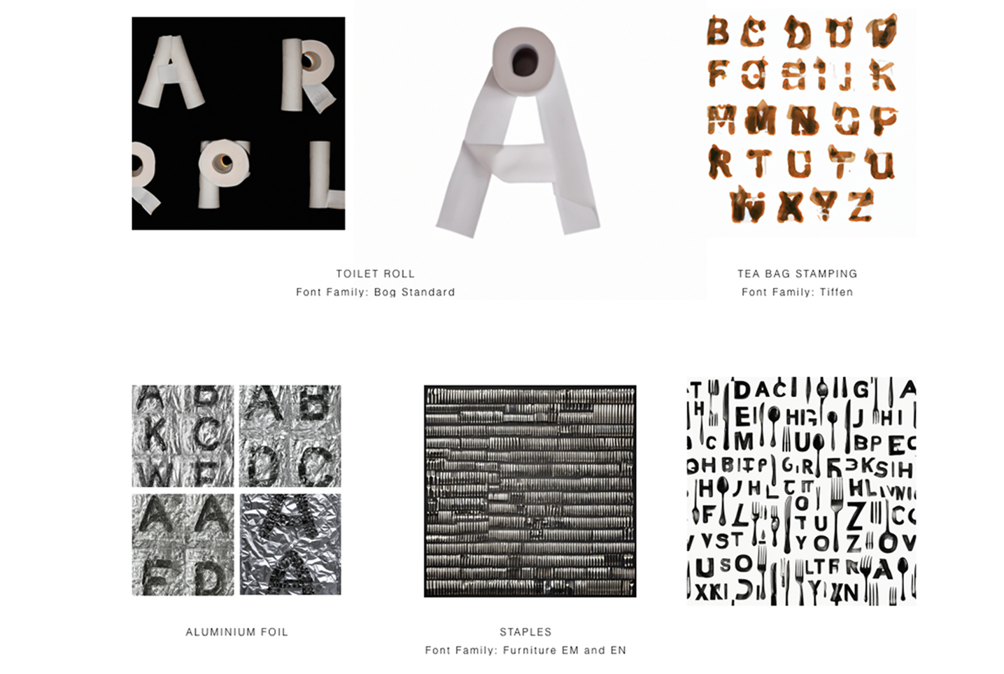 Grid of six images with various examples of typography styles including those made with toilet roll, tea bag stamping, staples, and aluminium foil.