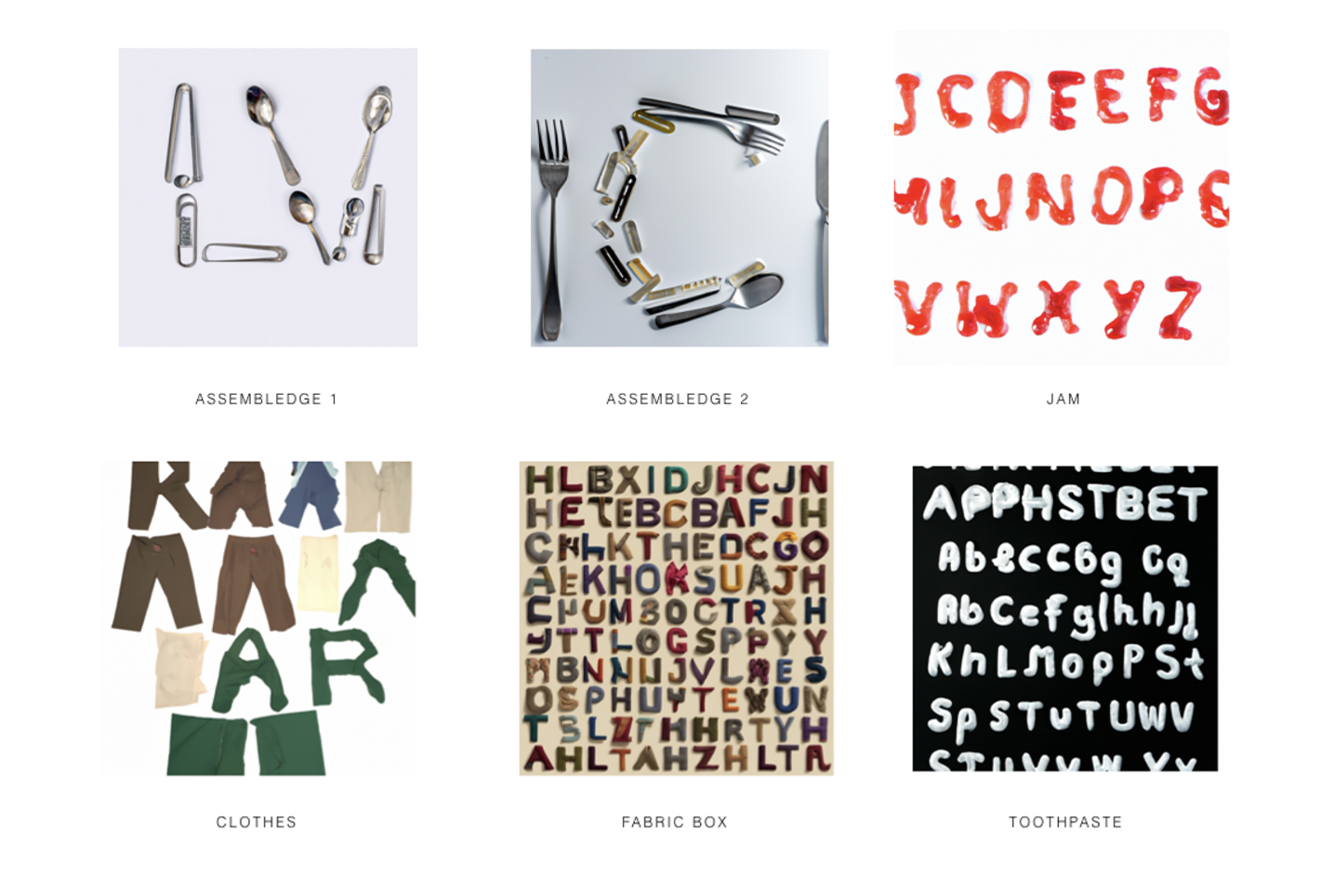 Grid of six images with various examples of typography styles including those made with cutlery, jam, clothes and toothpaste.