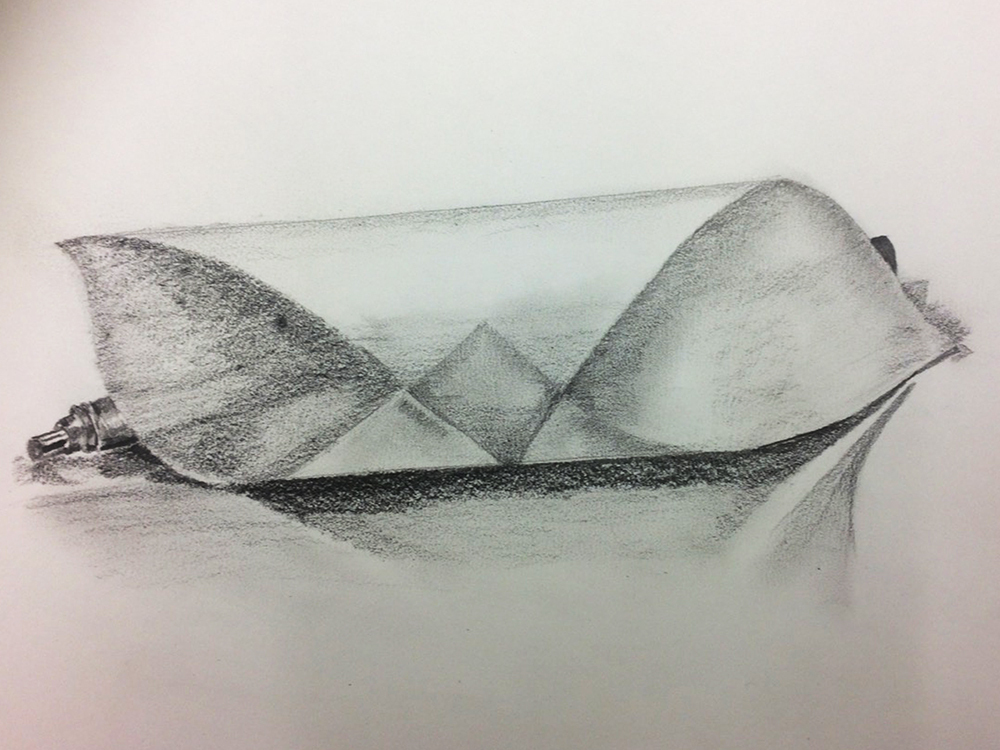 Pencil and pastel drawing of angular geometric shapes in green and grey tones on pale pink background with soft shading