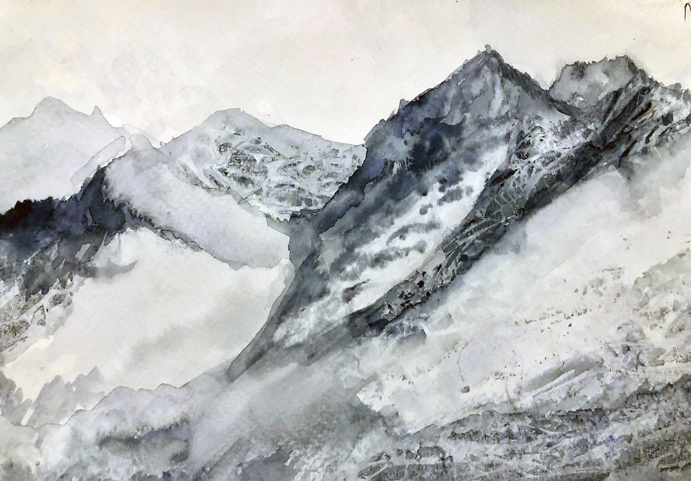 Watercolour painting of angular mountain peaks in grey, blue and purple tones with white highlights, soft brushstrokes on cream paper