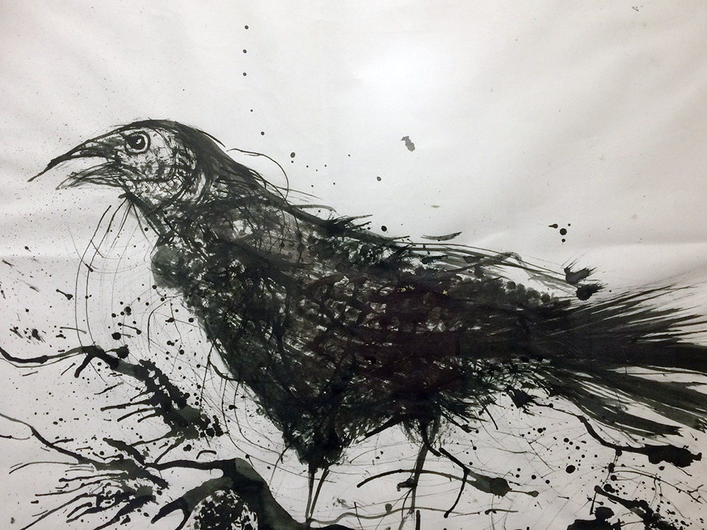 Black ink drawing of a raven on pale background with scattered ink splatters and loose, expressive line work throughout