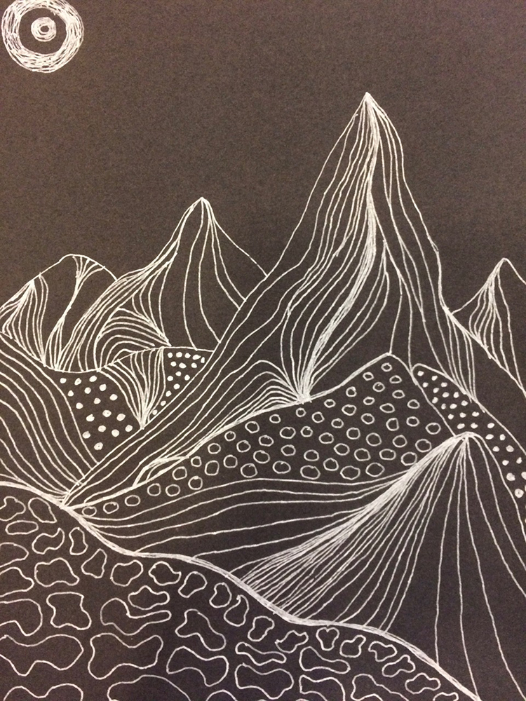 Abstract illustration of white linear mountain peaks with flowing, curved lines on dark brown background. Dotted and organic patterns fill lower areas.