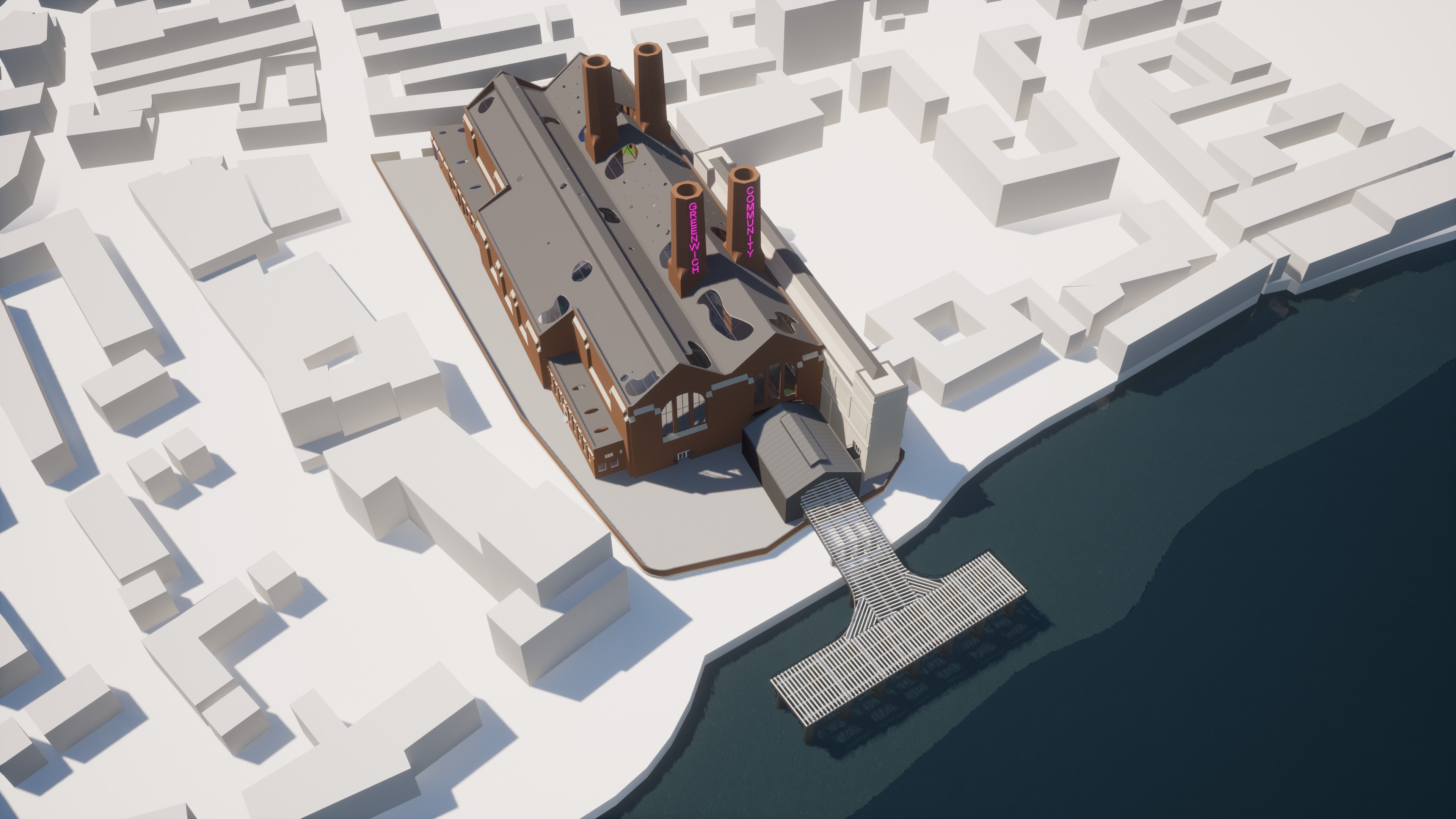A 3D birds eye view render of a renovated power station.