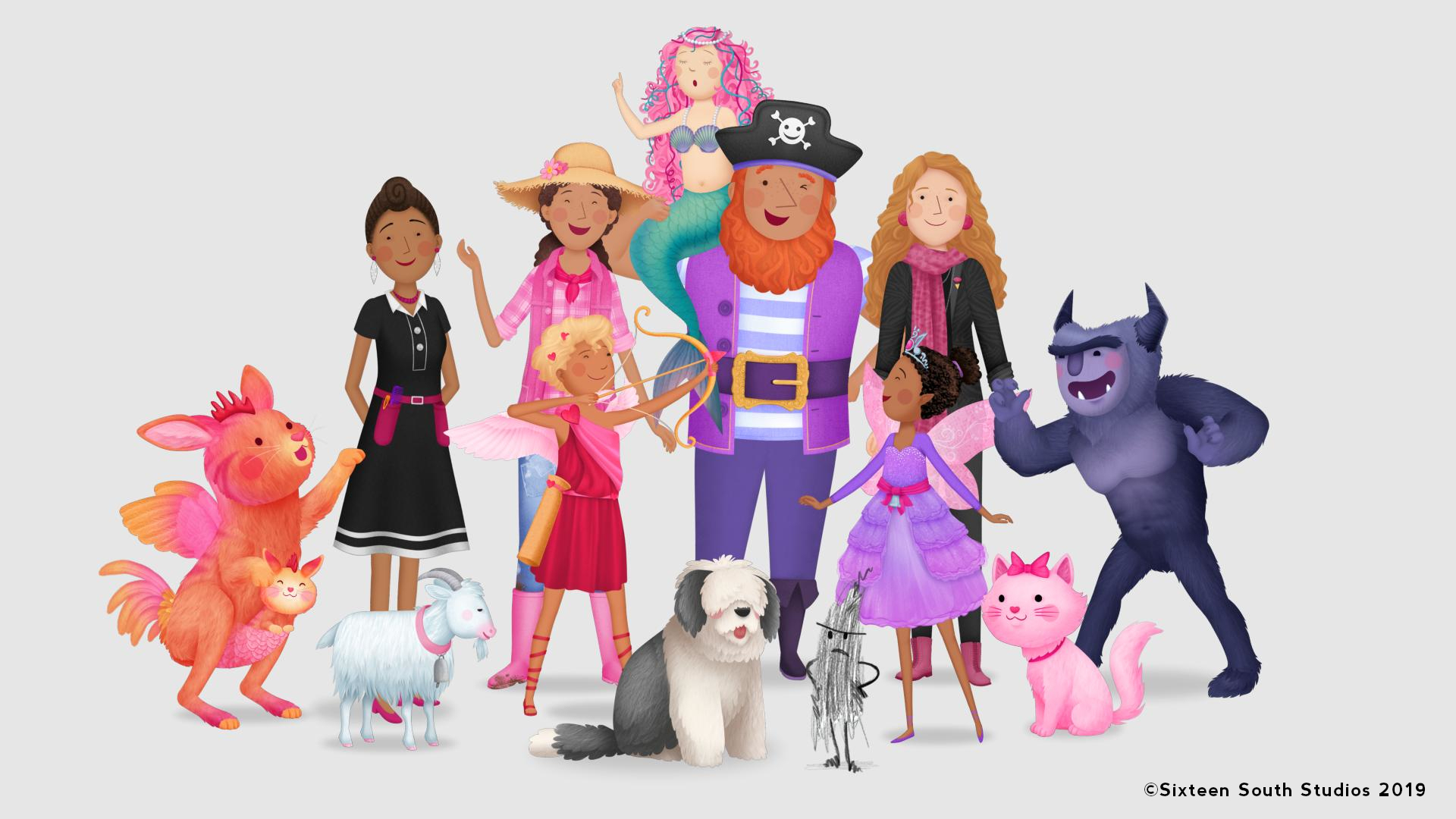 Illustration of a character line up, a mixture of people, animals (cat, dog and goat) and mythical beings (mermaid, fairy, cupid)