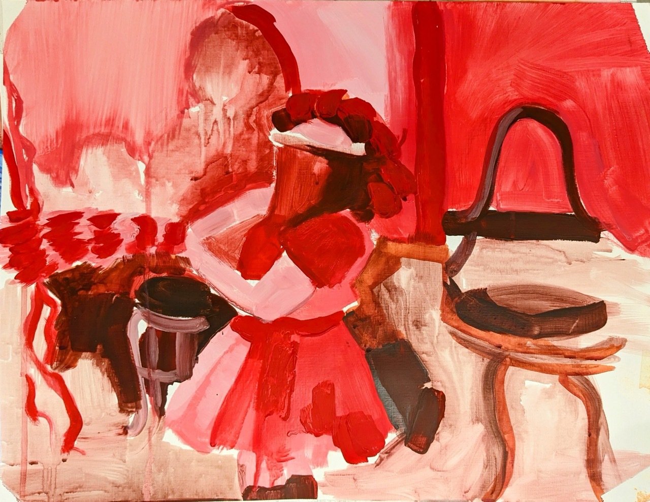 Abstract red painting, furniture, figure.