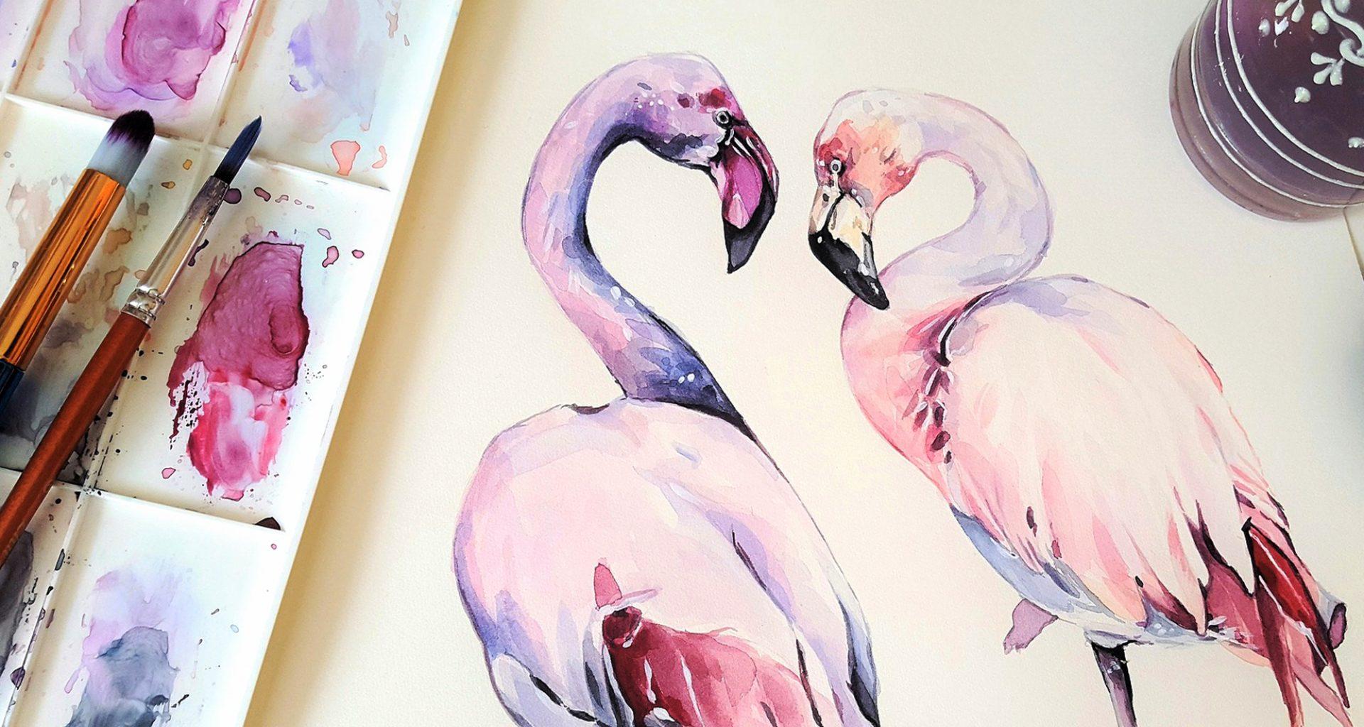 Watercolour of two flamingo's