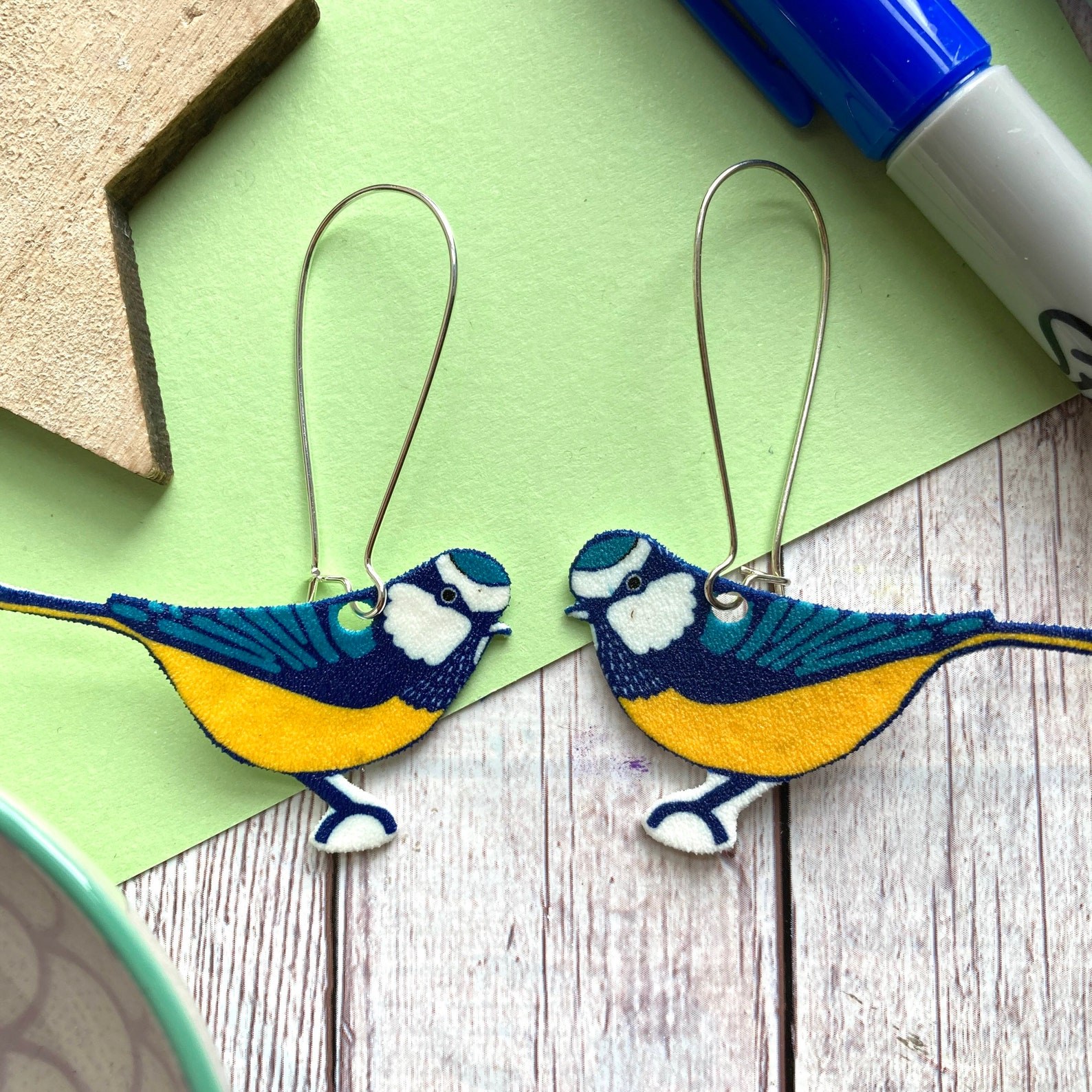 blue tit bird earrings created my Slumber monkey