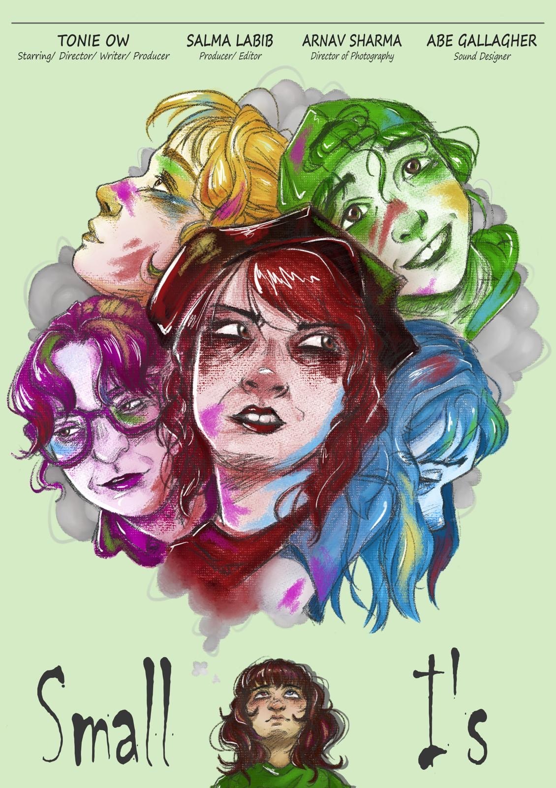 Illustrated poster with five stylised female faces in watercolour style. Central red-haired figure surrounded by blonde, purple, green, and blue-haired characters on pale green background.