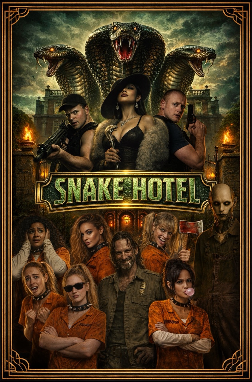 Film poster with large three-headed serpent at top, "Snake Hotel" title in green text centre, multiple characters in orange prison uniforms below against dark background with ornate golden border.