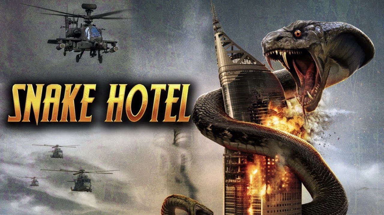 Giant snake coiled around exploding building with military helicopters in grey sky. Yellow "SNAKE HOTEL" text on left.