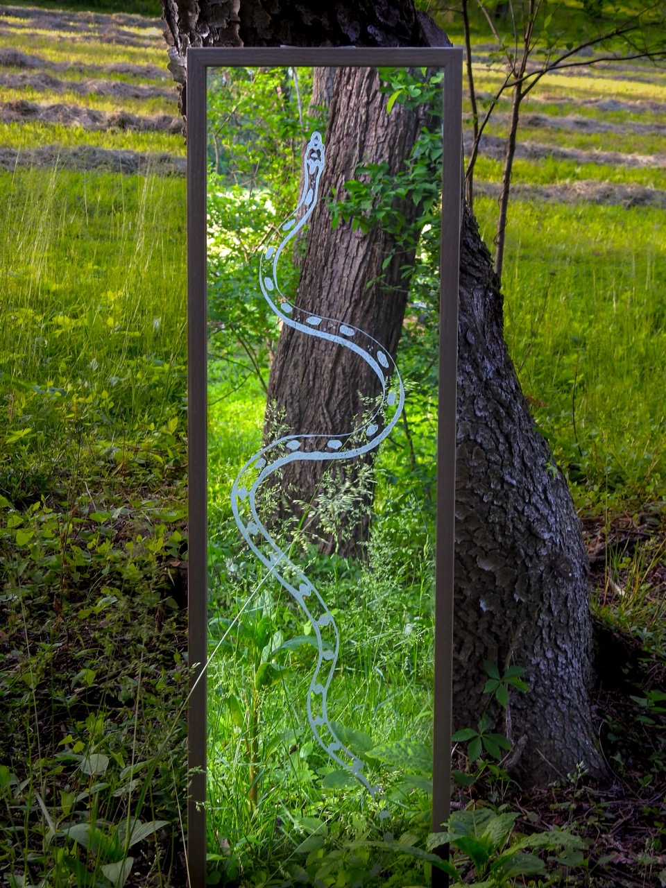A tall rectangular mirror with a wavy etched pattern stands outdoors beside a tree, reflecting green grass and foliage.