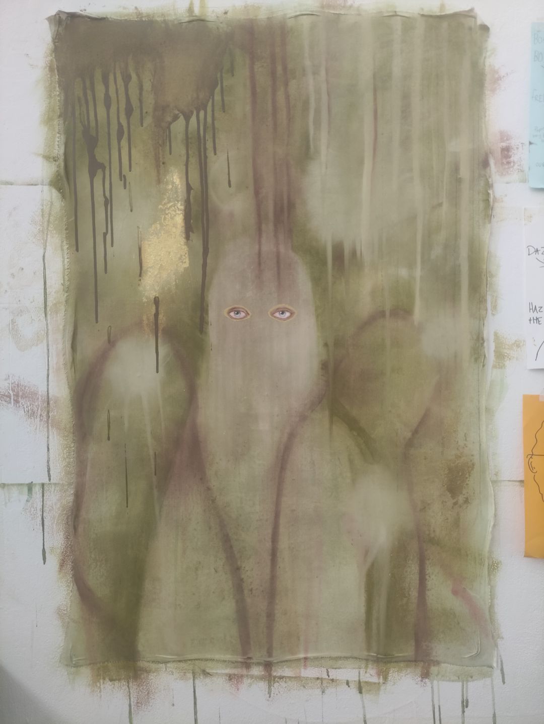 An abstract artwork featuring a muted green background with soft shapes resembling figures. Two faintly visible faces with eyes are located in the centre, with drips of paint cascading down from the top.