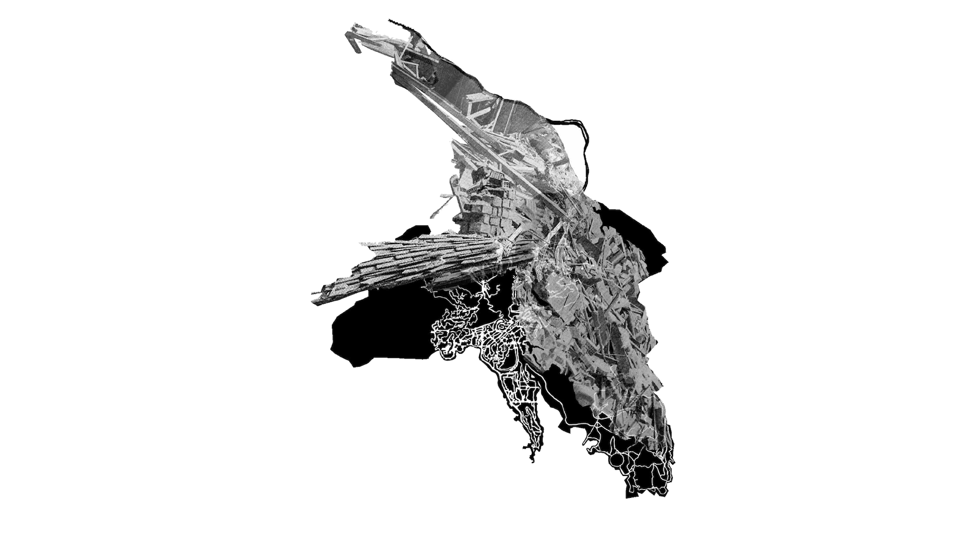 Abstract black and white drawing with mixed 2D and 3D elements.