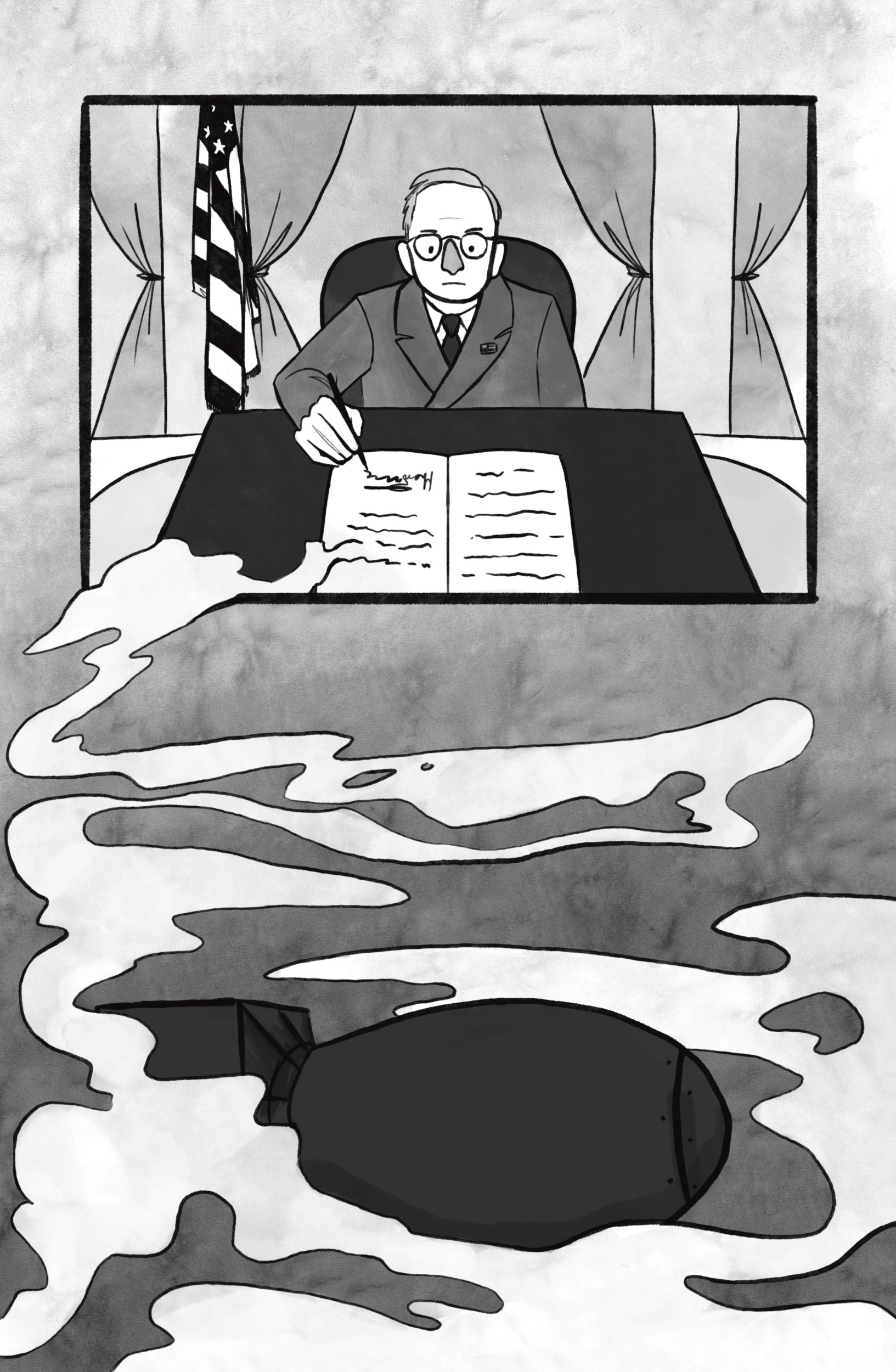 Illustration of President Truman signing a document, where the writing fades into smoke, flowing down the page to partially obscure a nuclear bomb.