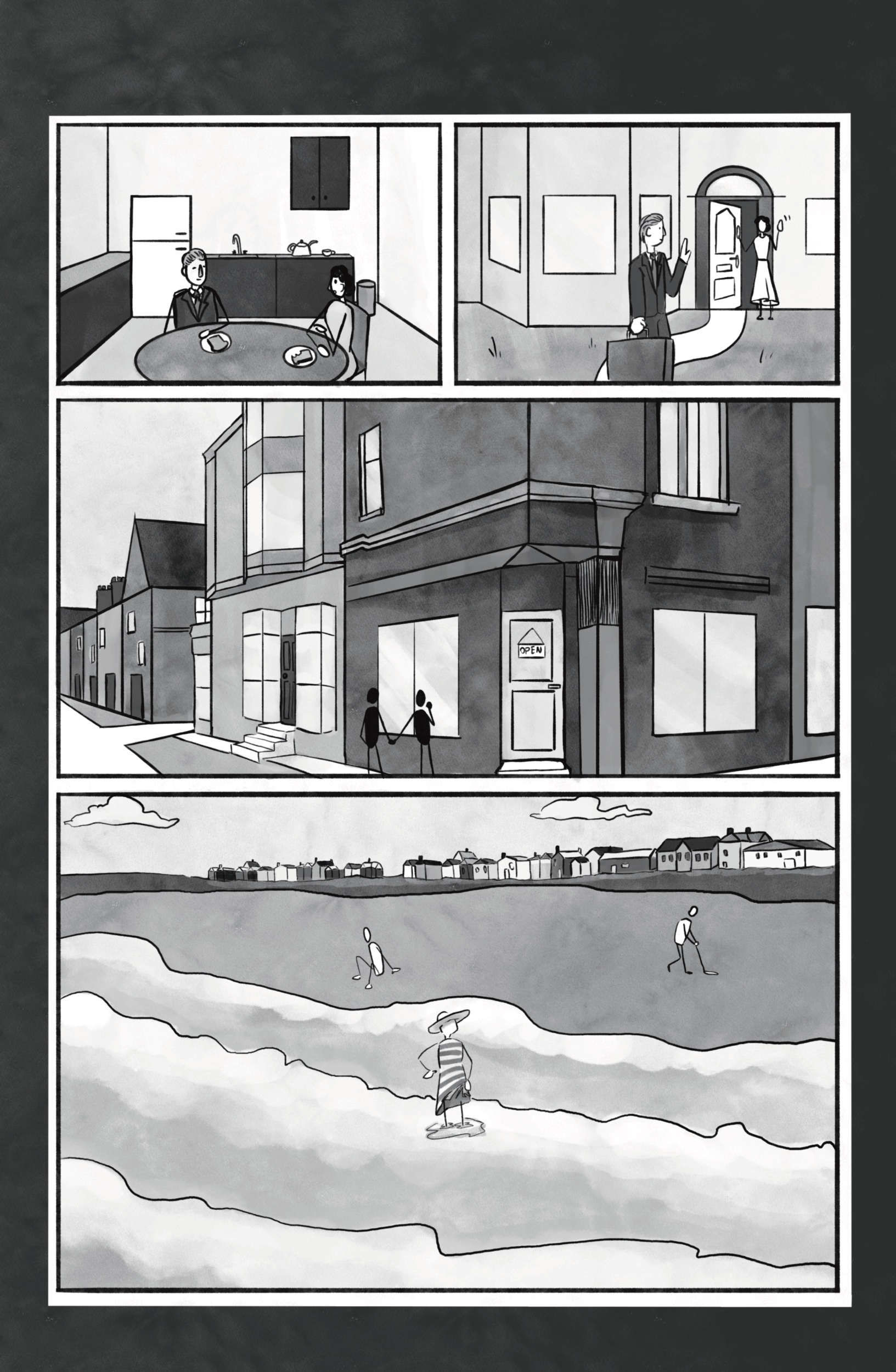 Illustrations displaying a small town, including a house, a street of buildings, and the seaside and beach with houses visible in the distance.