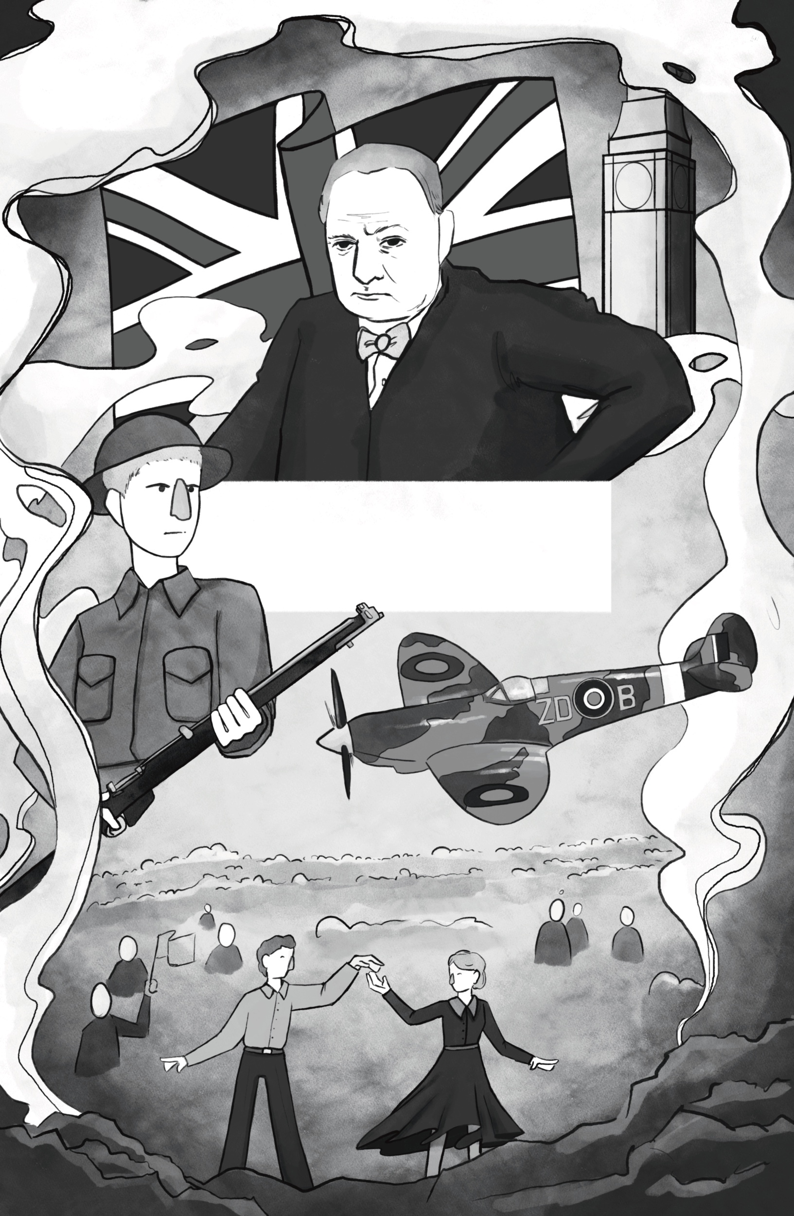 Illustration of Churchill in front of a Union Jack, above a British soldier, a Spitfire, and a crowd of people, all framed by smoke rising from rubble.