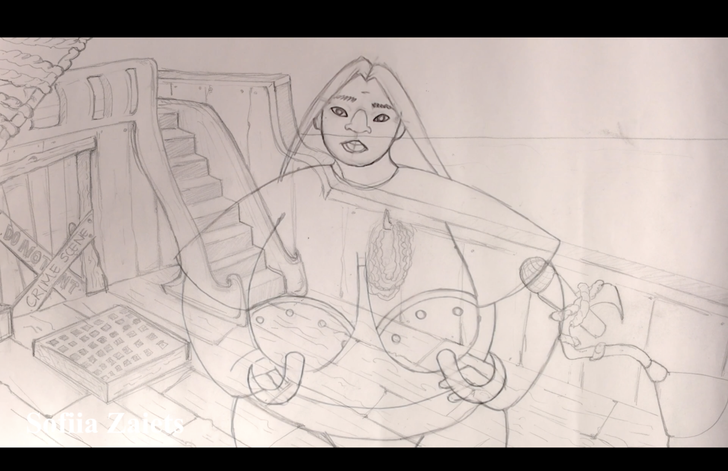 Animated line drawing showing a character in armour with a ship's deck and steps in the background.