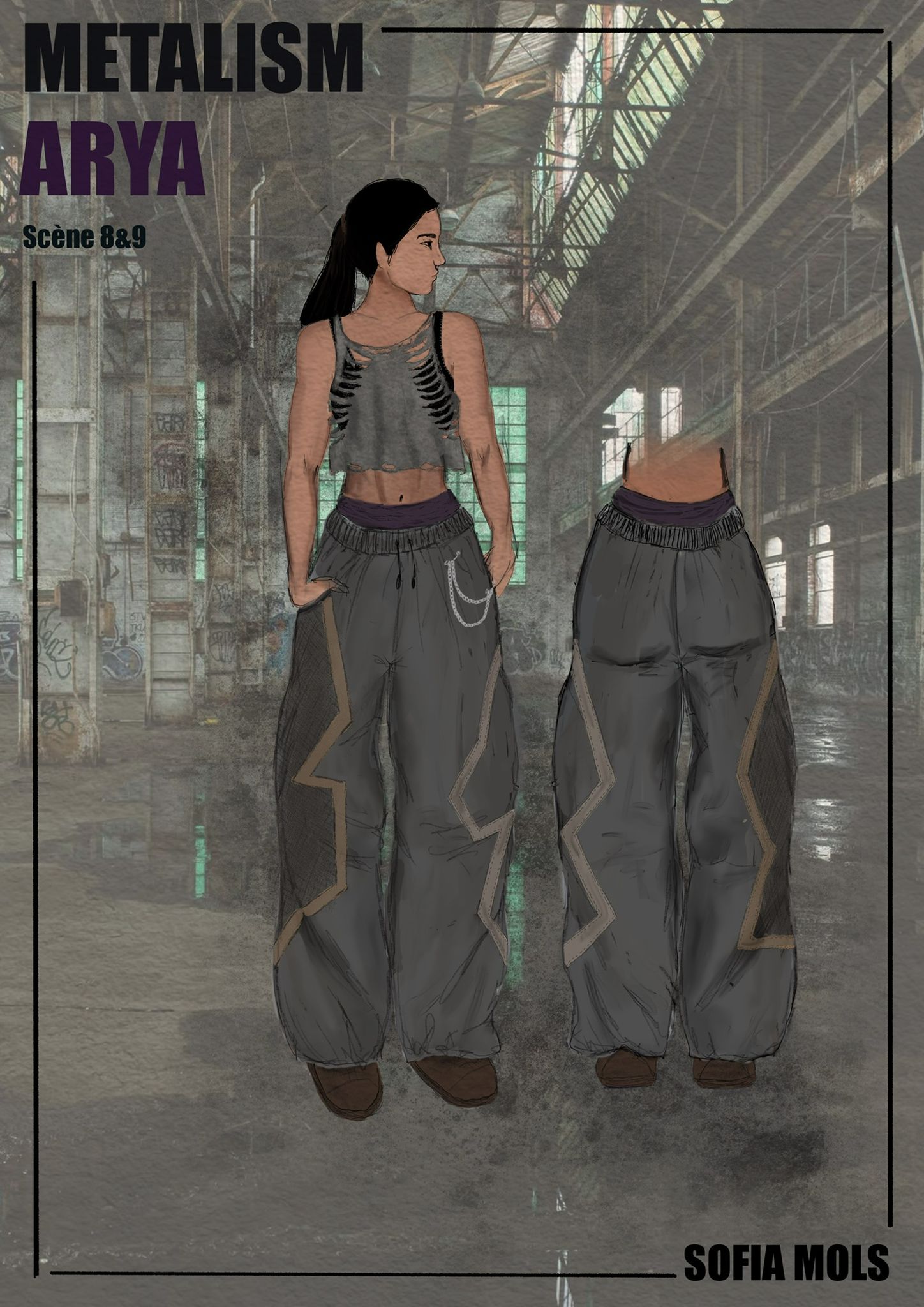 A character design named Arya is depicted in a grey outfit consisting of a cropped tank top and loose pants with a zigzag pattern. The background shows an industrial space with large windows and steel beams.