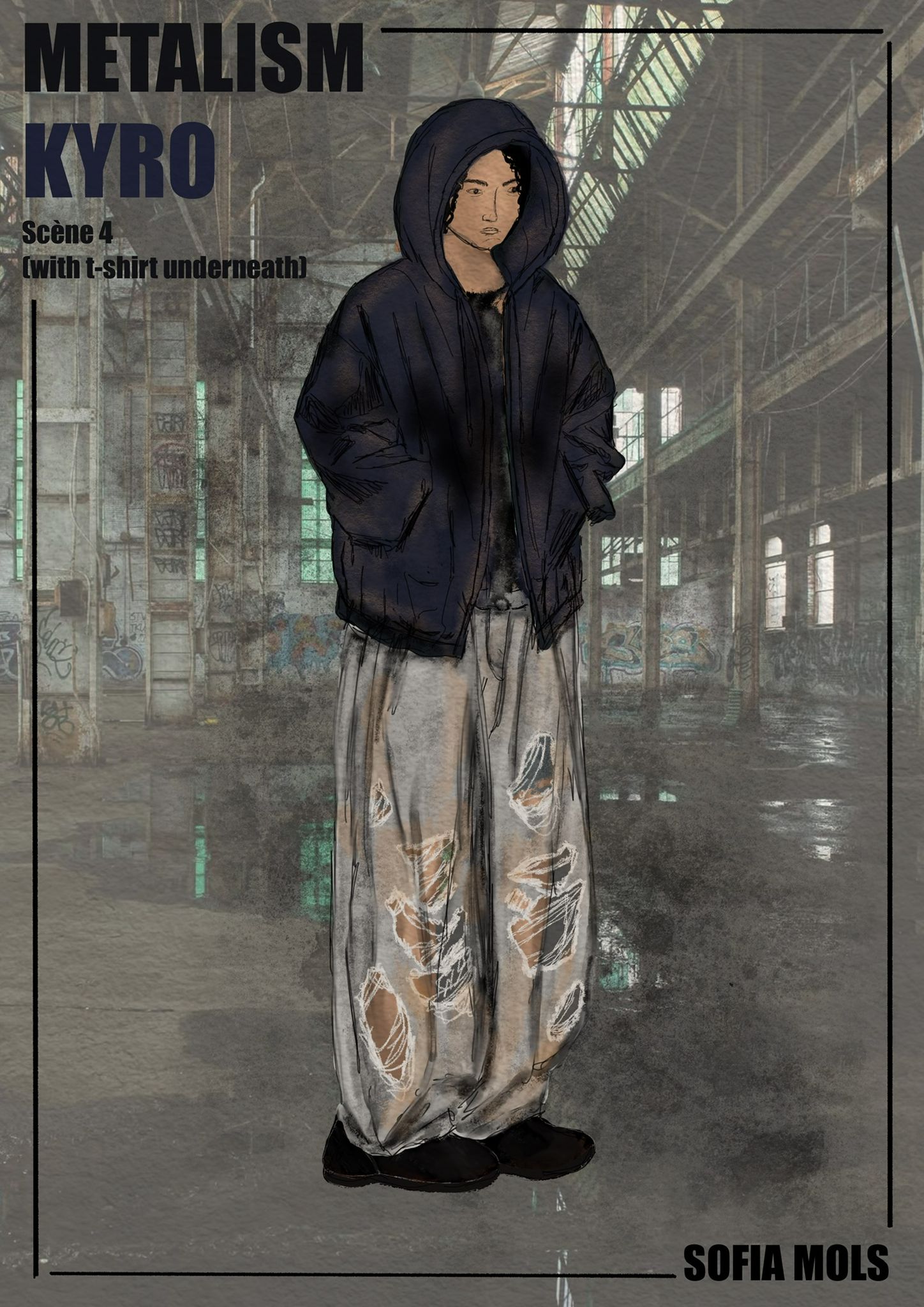 An illustrated character named Kyro stands in an abandoned industrial setting, wearing a dark hoodie and distressed trousers. The background features large windows and a gritty atmosphere, contributing to the overall urban aesthetic.