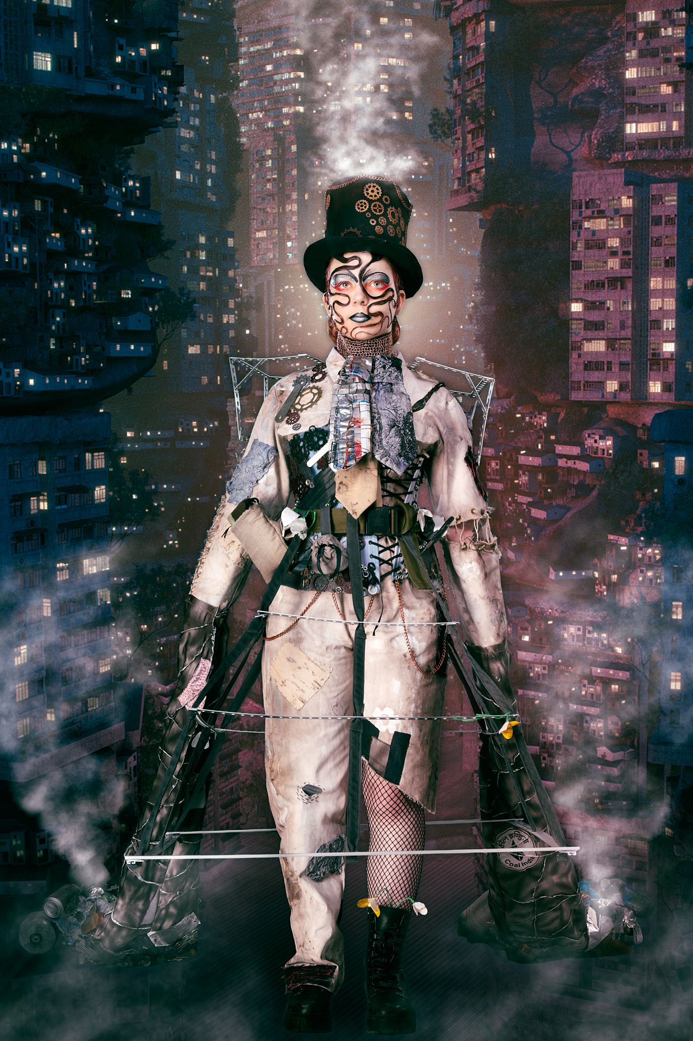 A character dressed in a patchwork outfit, complete with a top hat and unusual accessories, stands in an urban environment filled with tall buildings. Smoke swirls around the figure, which features a painted face with striking details.