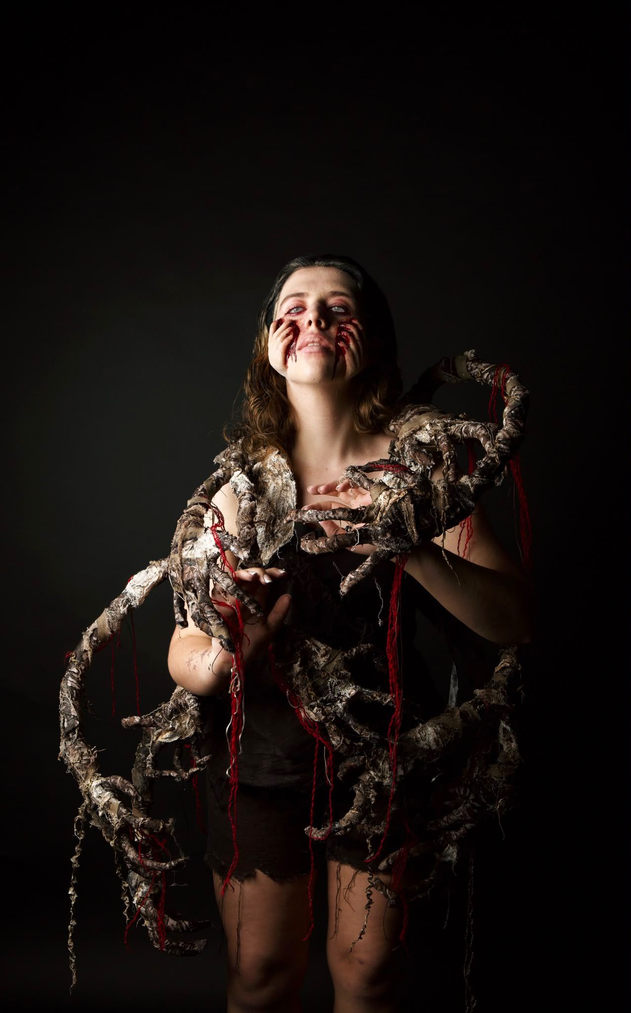 A woman with long brown hair is posed against a dark background, adorned with twisted fabric and branches. She wears dark clothing and has red markings on her face, creating a dramatic visual effect.
