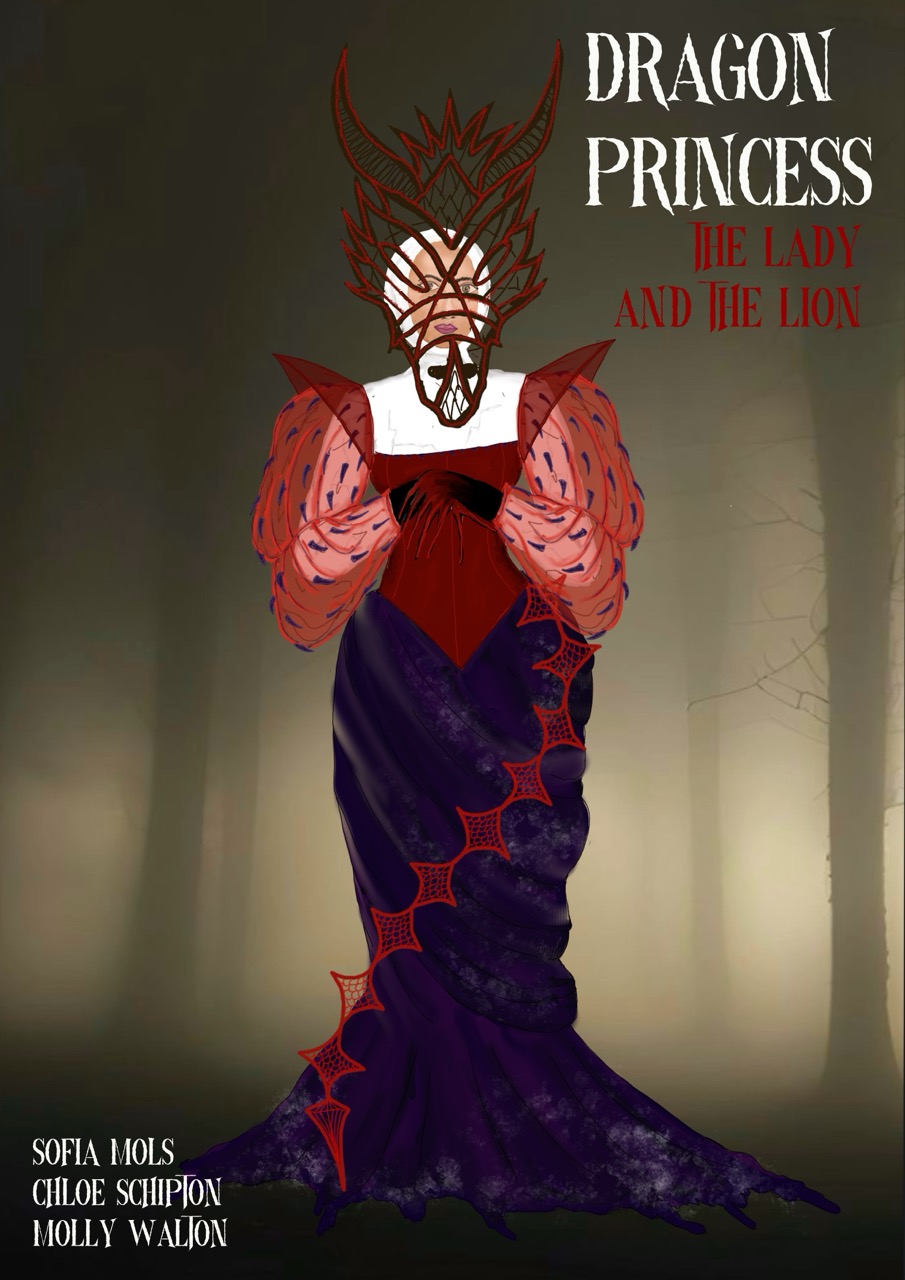 A fantastical illustration of a figure in an elaborate gown, adorned with dragon-like elements, set against a misty forest background. The gown features layers of purple fabric and red accents, with intricate details on the sleeves and neckline.