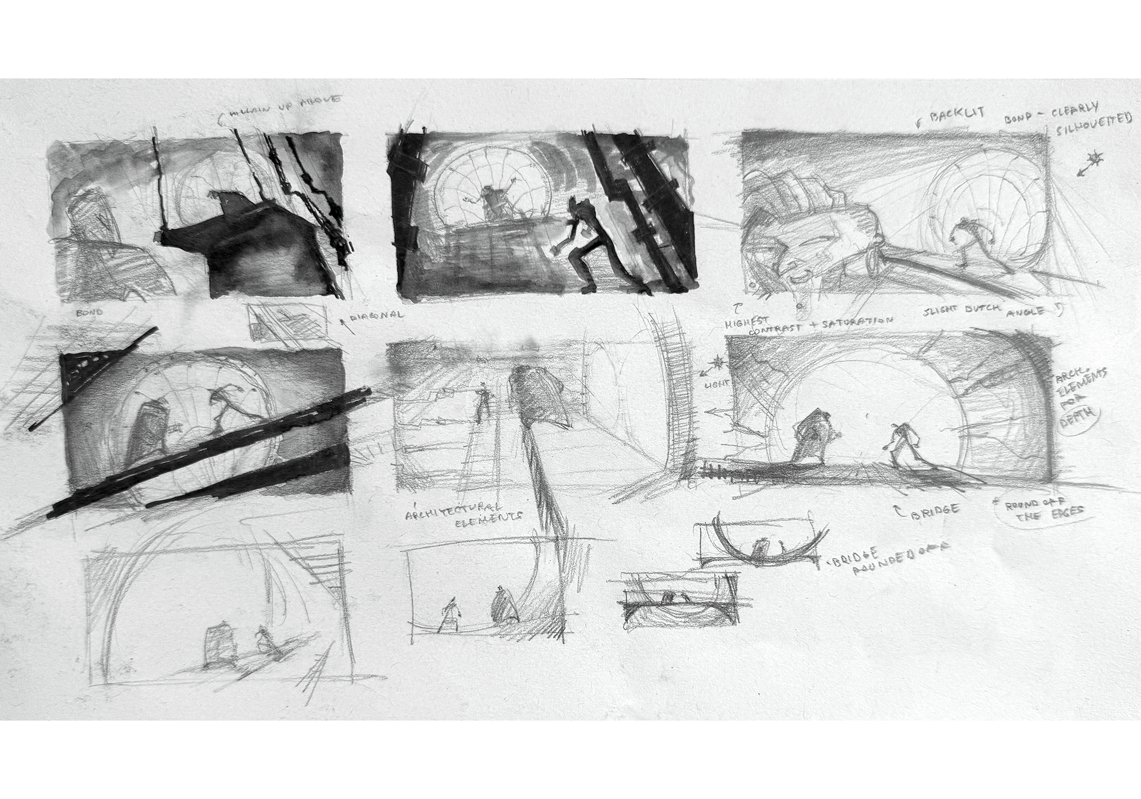 Black and white storyboard sketches arranged in panels showing rough character figures, architectural spaces, and scene compositions with pencil shading.