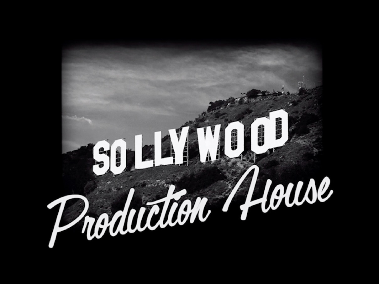 Black and white image showing Hollywood sign on hillside with "SOLLYWOOD Production House" text overlay in white letters.