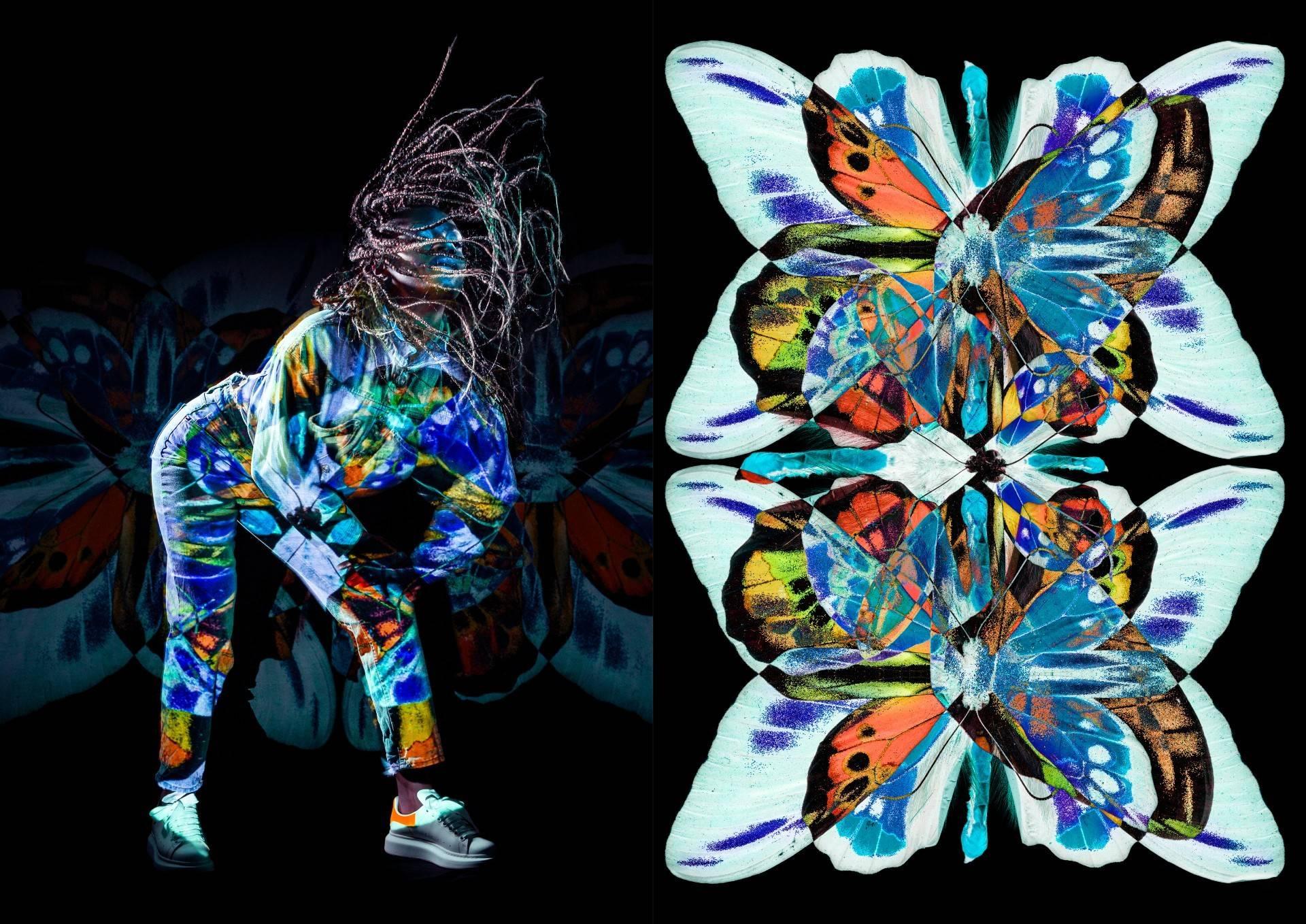 Two photos. Left-hand photo shows a model leaning forward in a colourful tracksuit. Right-hand photo shows images of two butterflies.