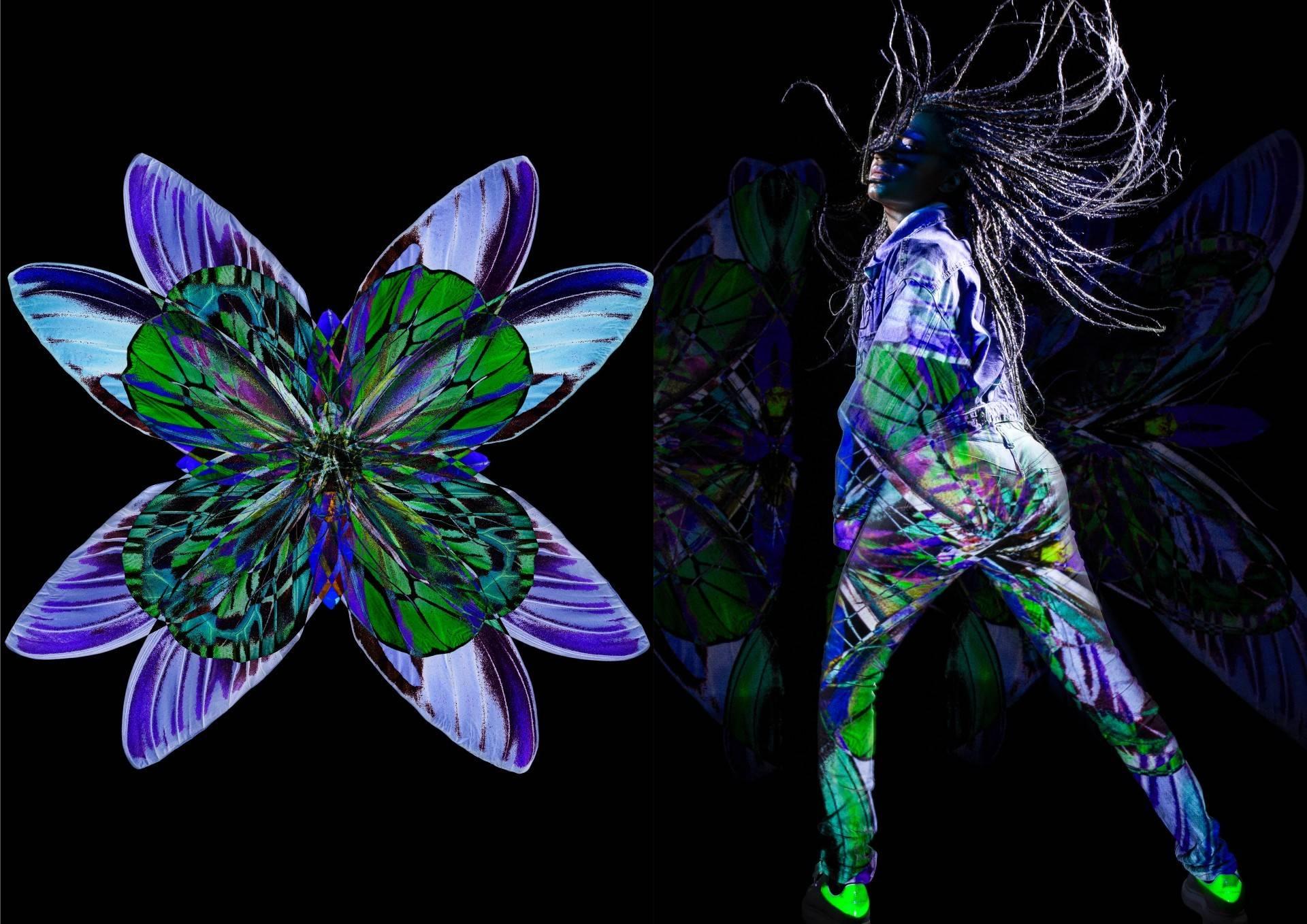 Two photos. Left-hand image shows an abstract view of a butterfly. Right-hand image shows a model in a tracksuit with a pattern resembling the butterfly.