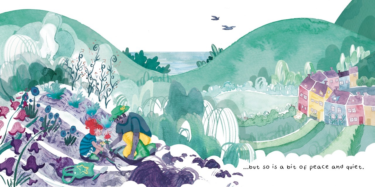 A watercolour garden scene of a little red haired girl gardening with her grandad, The Hills are collaged, and the sea is in the distance with a row of colourful houses to the right.