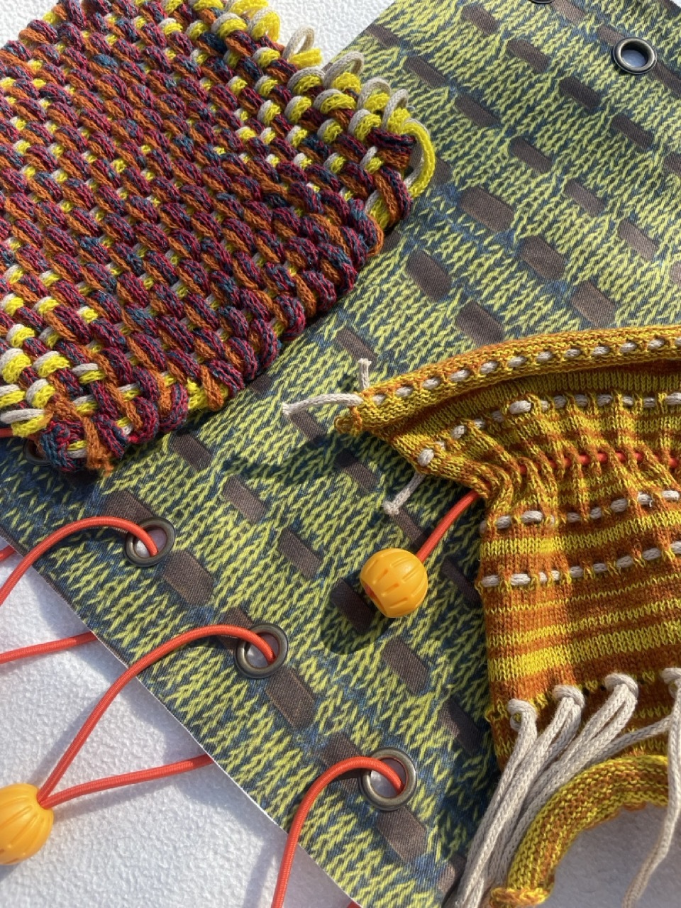 Collection of brown, yellow and green fabric samples.