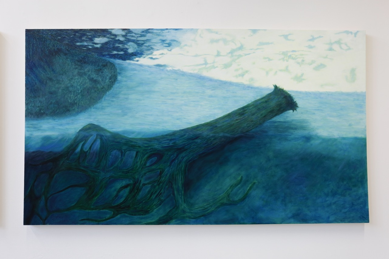 Painting with horizontal composition featuring deep blue and teal brushstrokes in lower portion, lighter blue-green tones above, cream and pale yellow in upper area.