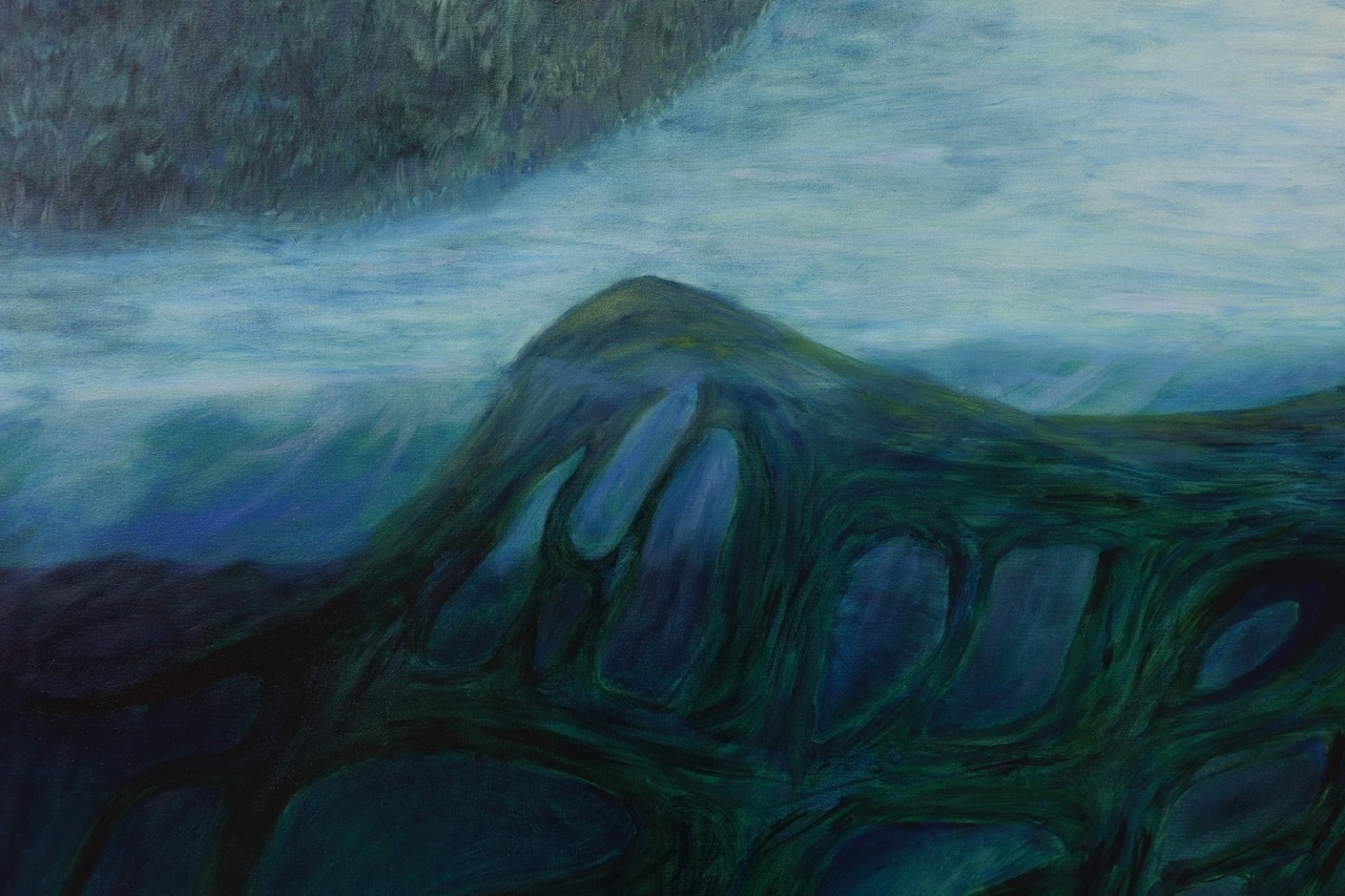 Abstract landscape with dark green rolling hills in foreground, blue-green sky with horizontal streaks above.