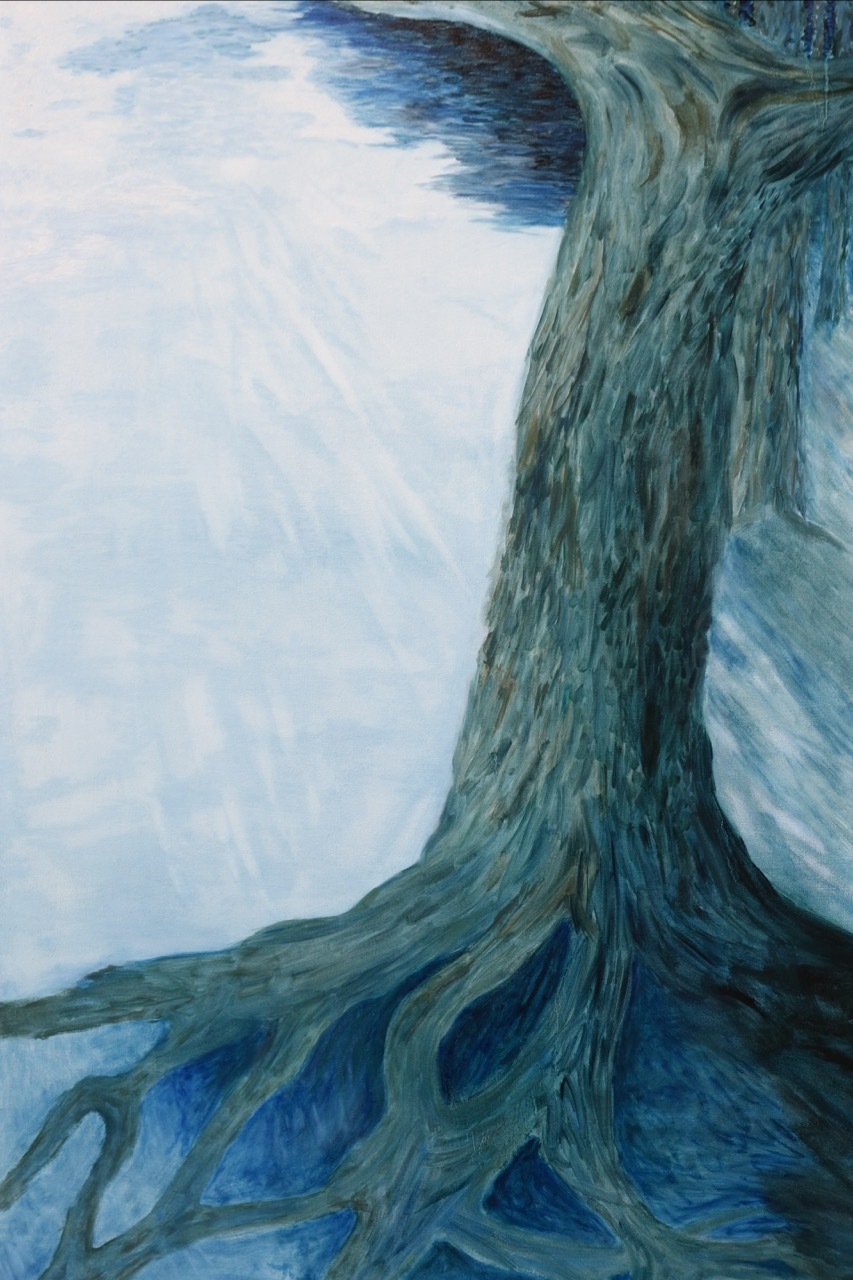 Painting with flowing teal and blue curved forms against pale blue-white background, vertical composition with sweeping brushstrokes.