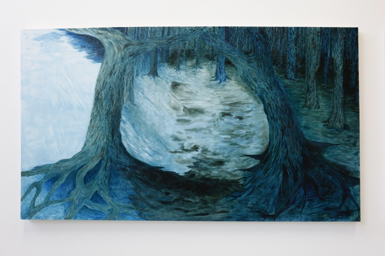 Painting of cave interior with teal and dark green stalactites, pale blue-white central area, deep blue shadows and rocky formations.