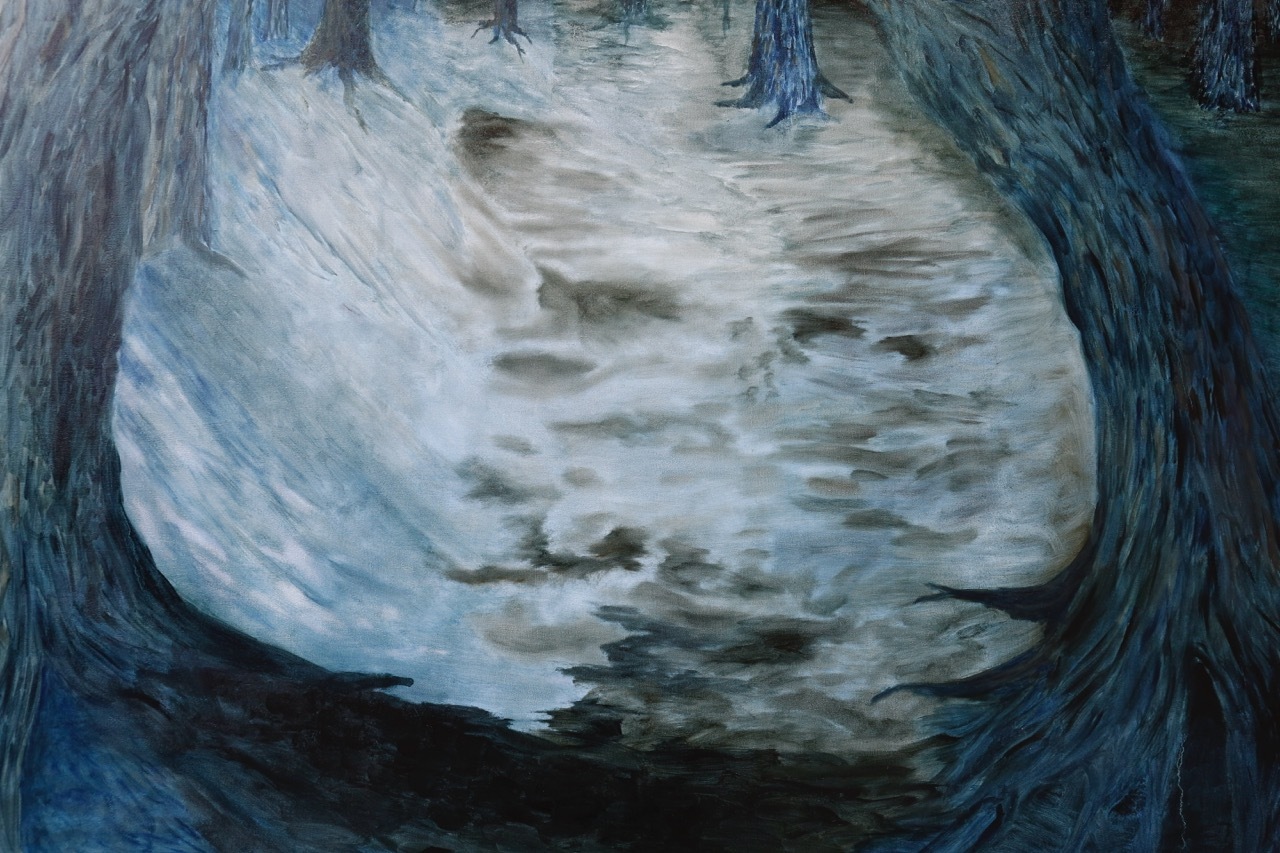Swirling brushstrokes in blues and whites create circular composition with dark tree trunks framing pale central area with grey-brown patches.