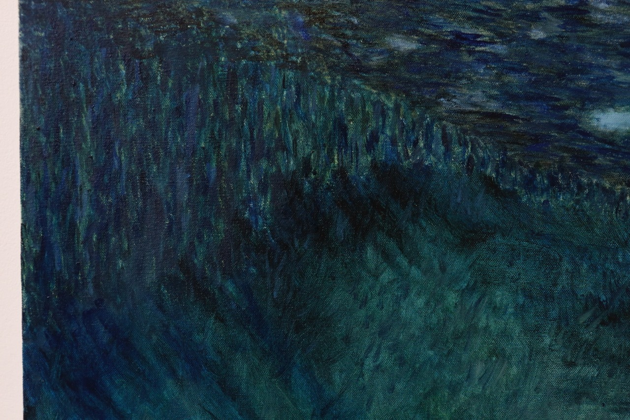 Dark blue and teal brushstrokes with vertical streaking patterns in upper left, blending into horizontal sweeping marks across canvas.