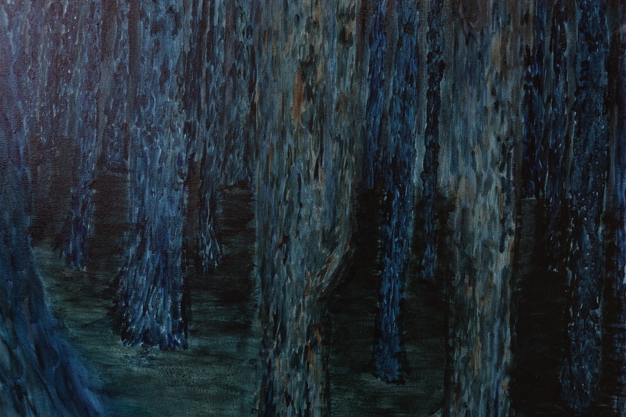 Abstract painting with vertical brushstrokes in deep blues, teals, and dark greens. Textured surface with layered paint creating shadowy depths.