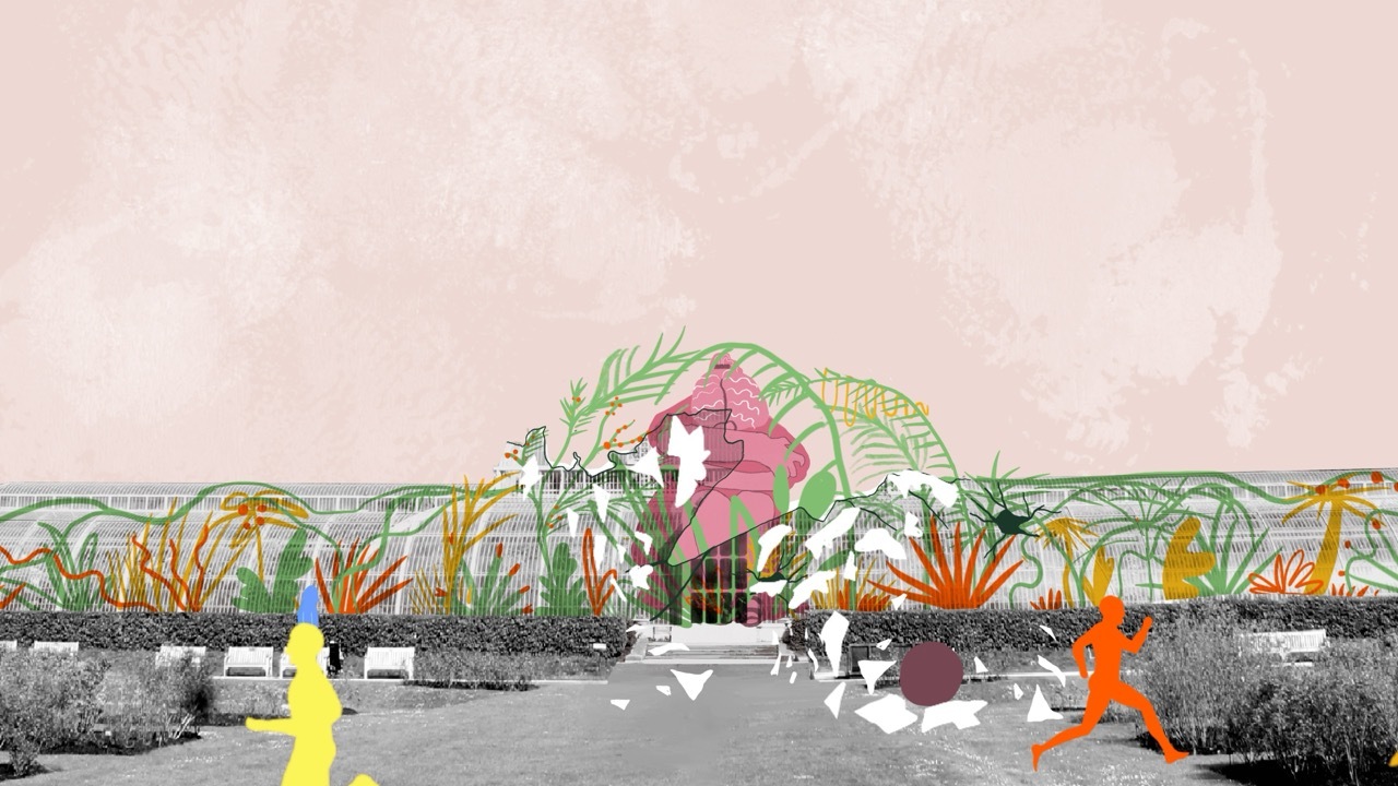 ‘Glasshouses’ screenshot of music video, broken glasshouse with people running away.