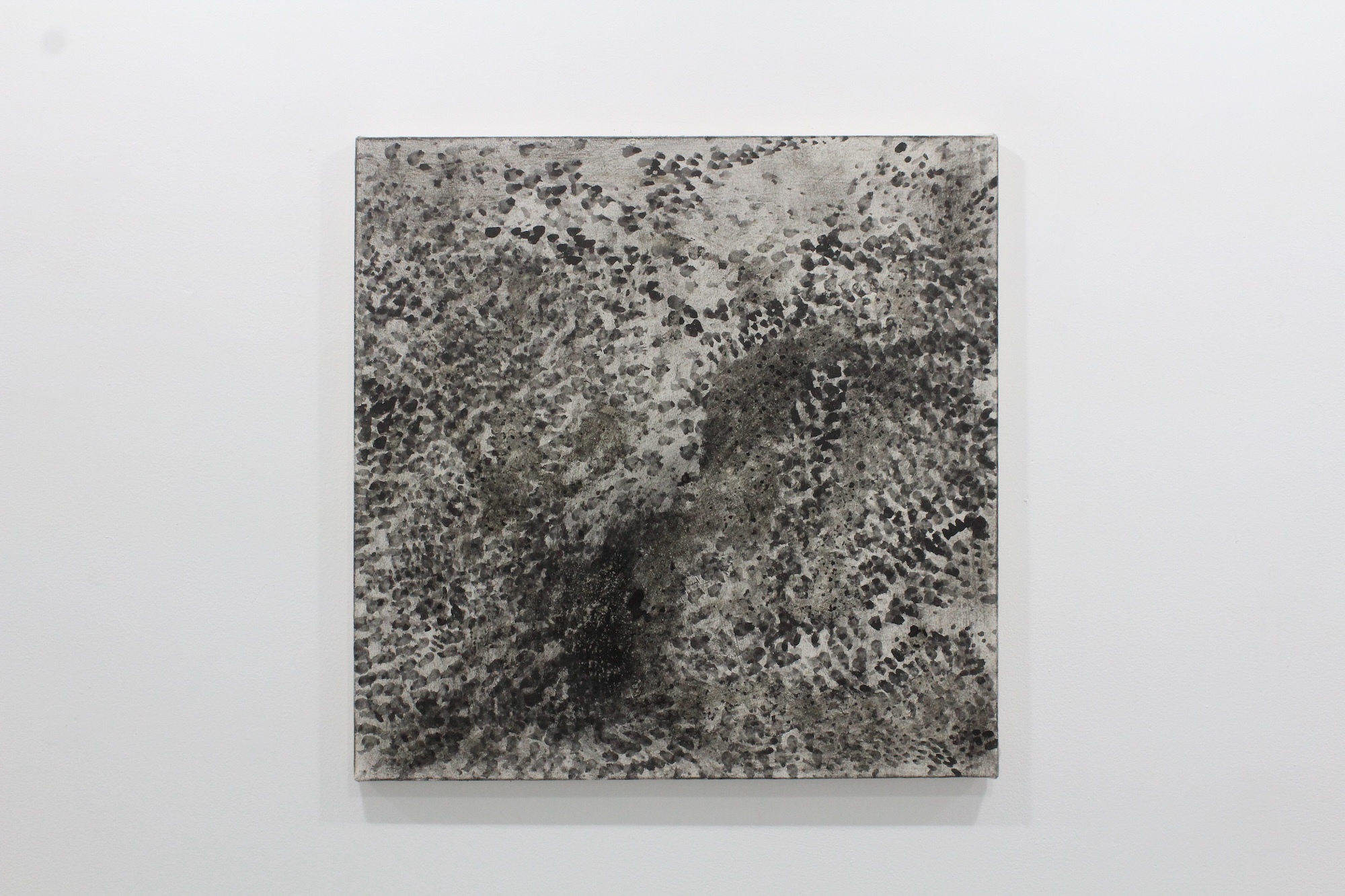Square artwork with mottled grey, green and black textural surface mounted on white wall. Abstract composition with organic, scattered patterns.