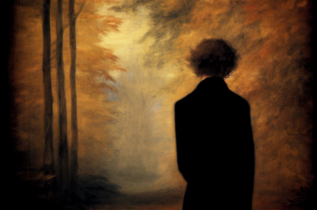 Painting of the back of a male figure looking out into a clearing in a forest.